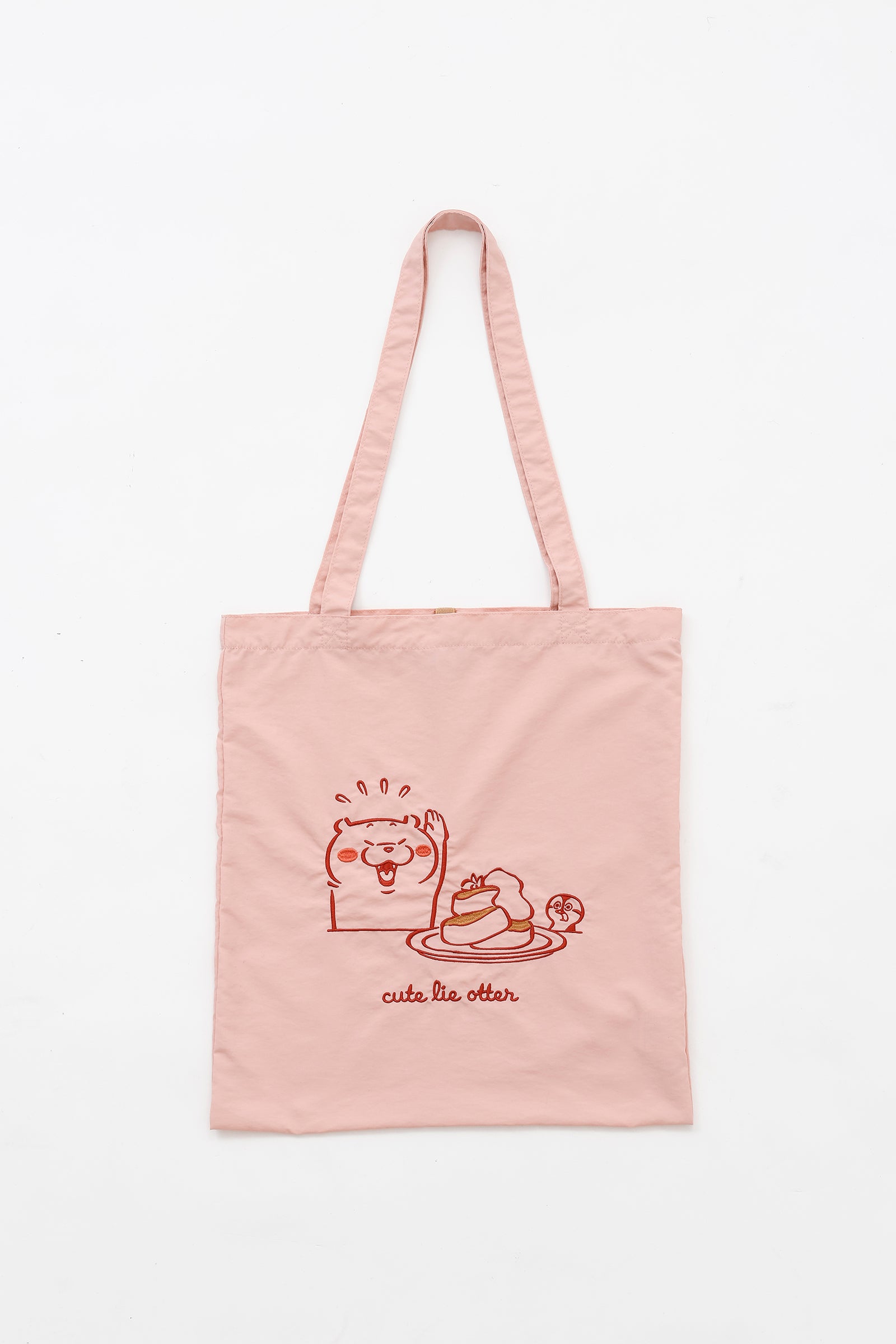 可愛い嘘のカワウソ 刺繍トートバッグ パンケーキ ピンク