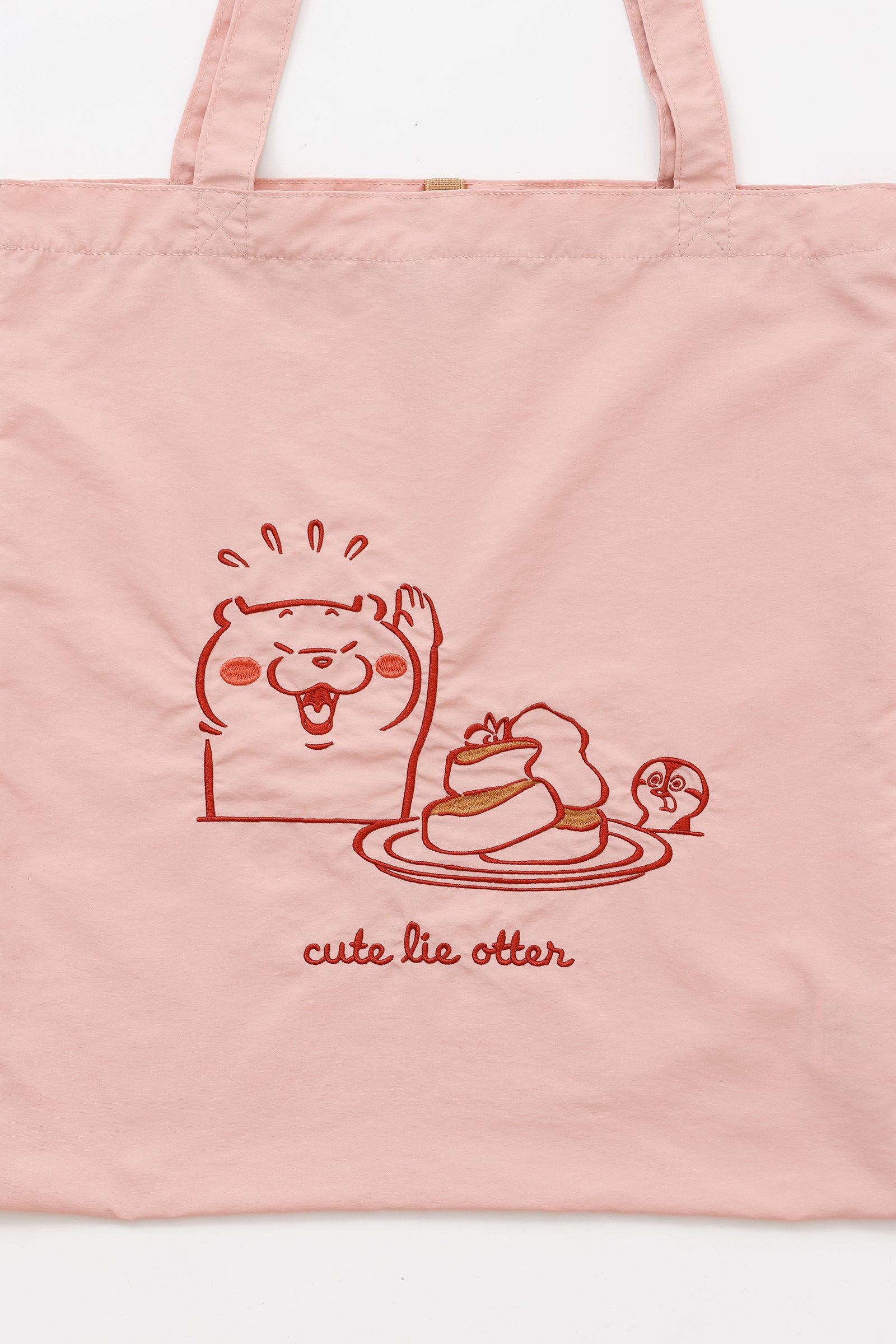 可愛い嘘のカワウソ 刺繍トートバッグ パンケーキ ピンク