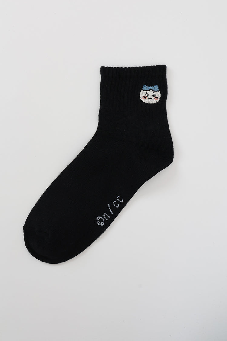 ショートソックス ワンポイント刺繍 ハチワレ ブラック