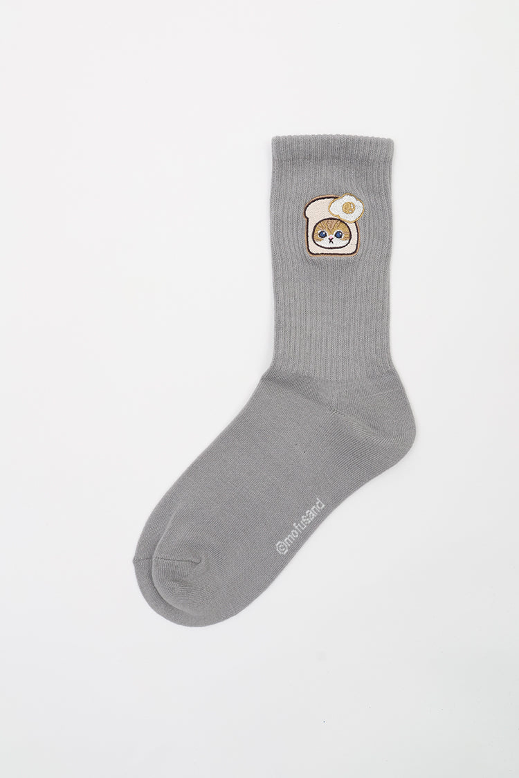 【Black Friday対象商品】mofusand クルーソックス ワンポイント刺繍 食パン ライトグレー 23~25cm