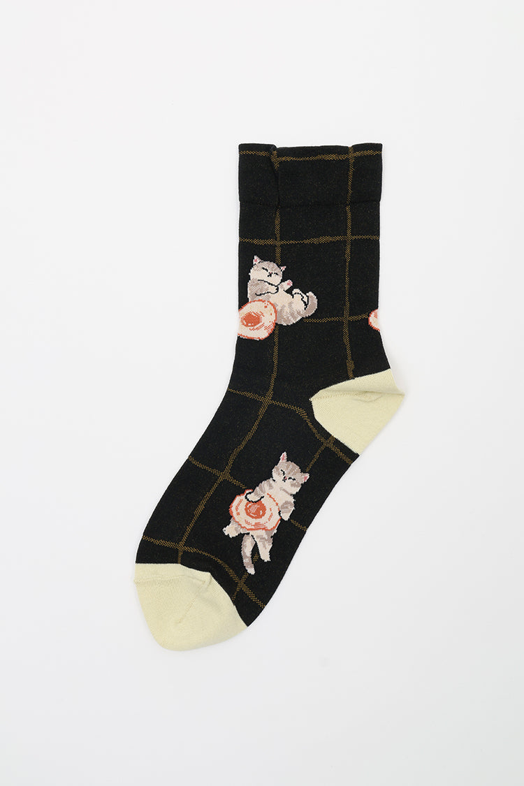 mofusand クルーソックス 目玉焼き総柄 ブラック 23~25cm