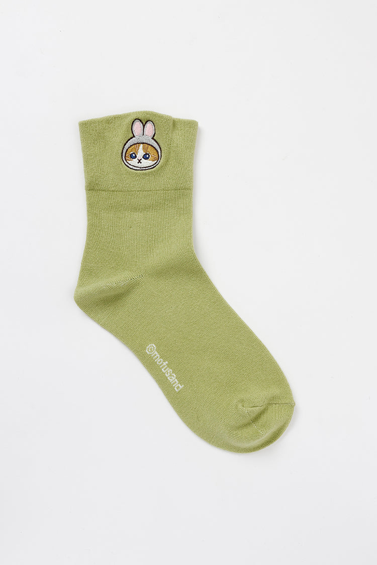 mofusand クルーソックス ワンポイント刺繍 うさぎ アイスグリーン 23~25cm
