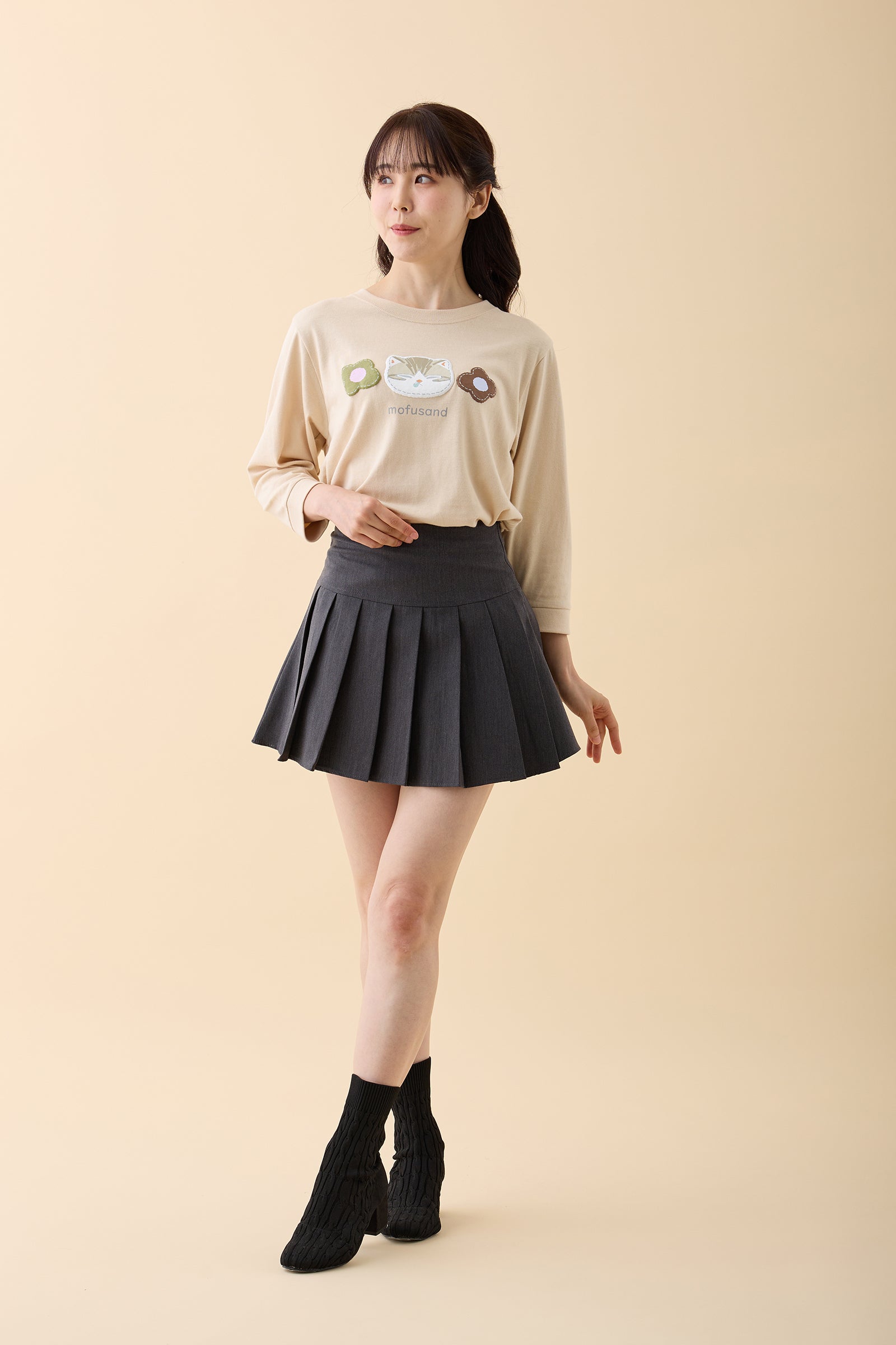 mofusand 7分丈Tシャツ サバトラ サンドベージュ