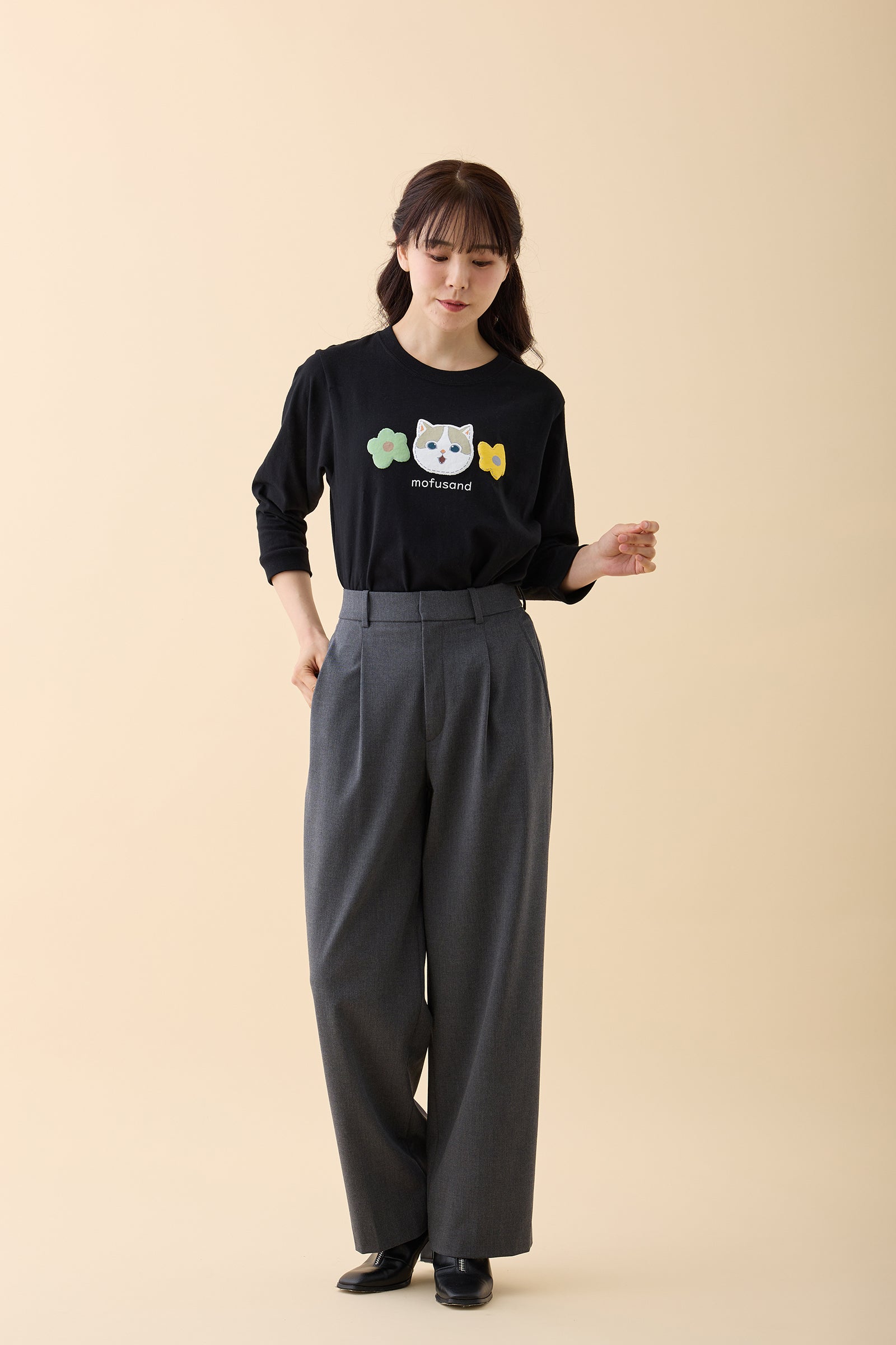 mofusand 7分丈Tシャツ 茶ハチワレ ブラック