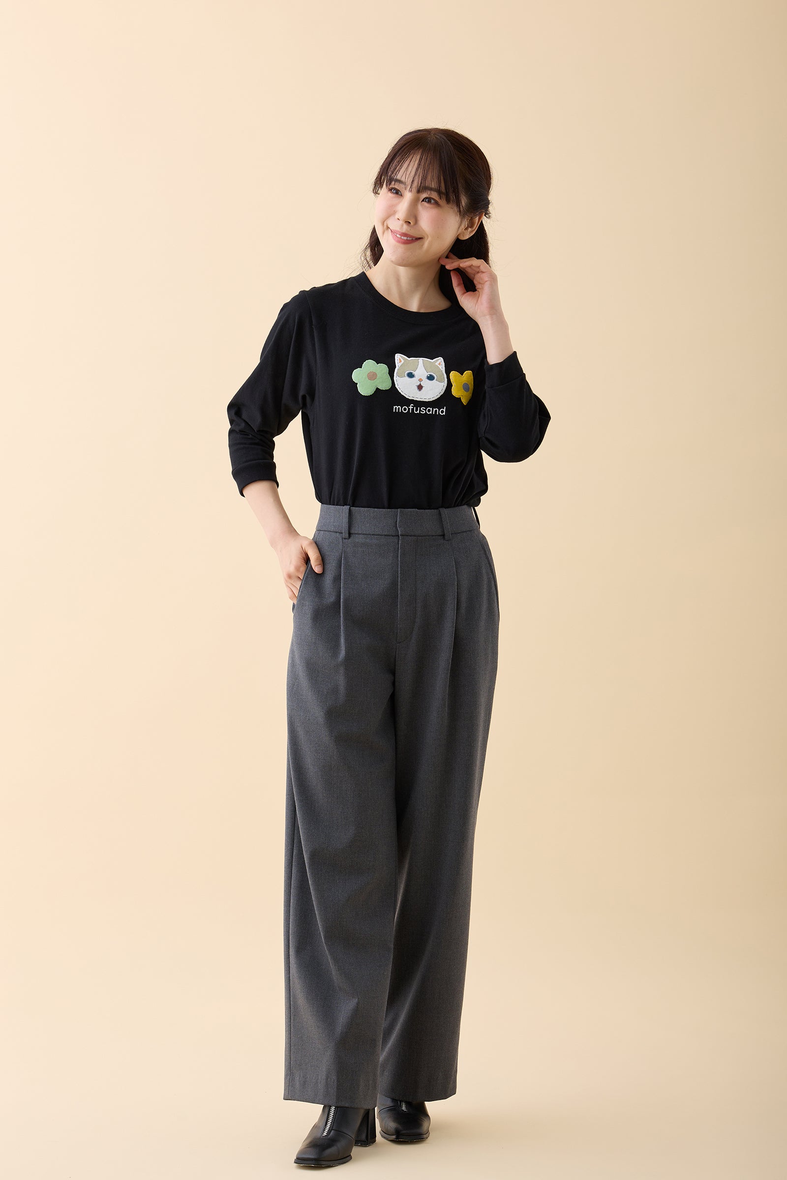 mofusand 7分丈Tシャツ 茶ハチワレ ブラック