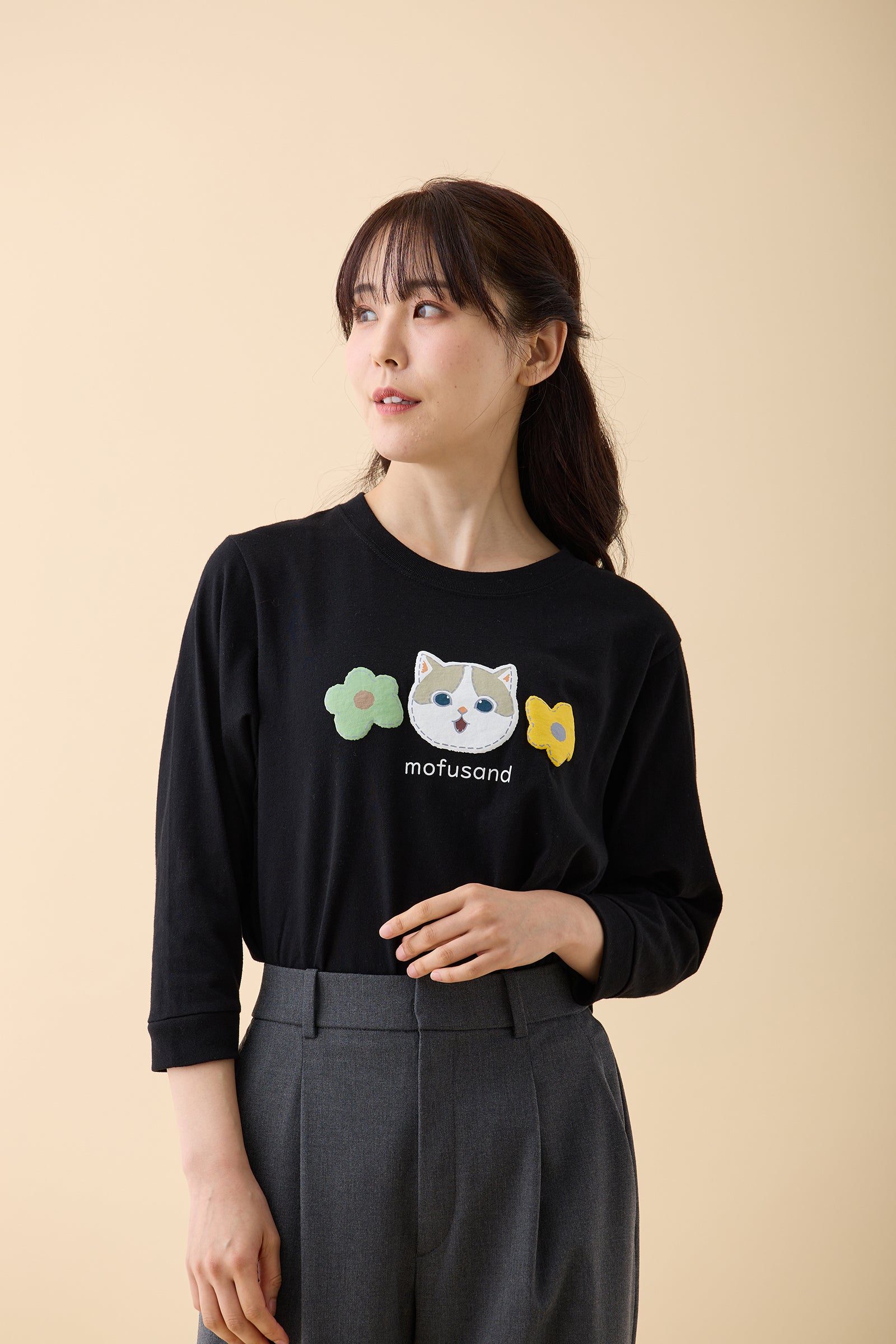 mofusand 7分丈Tシャツ 茶ハチワレ ブラック