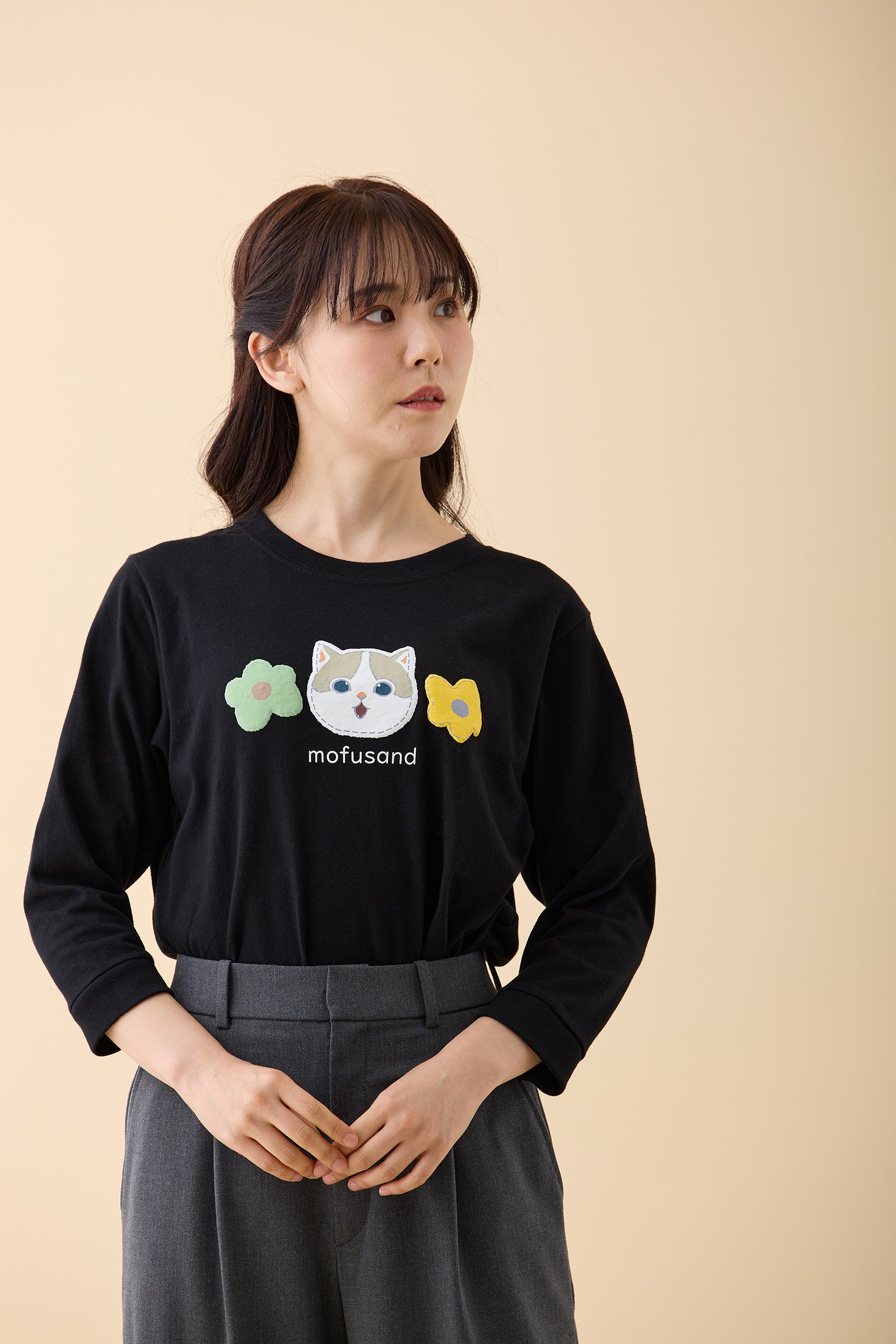 mofusand 7分丈Tシャツ 茶ハチワレ ブラック