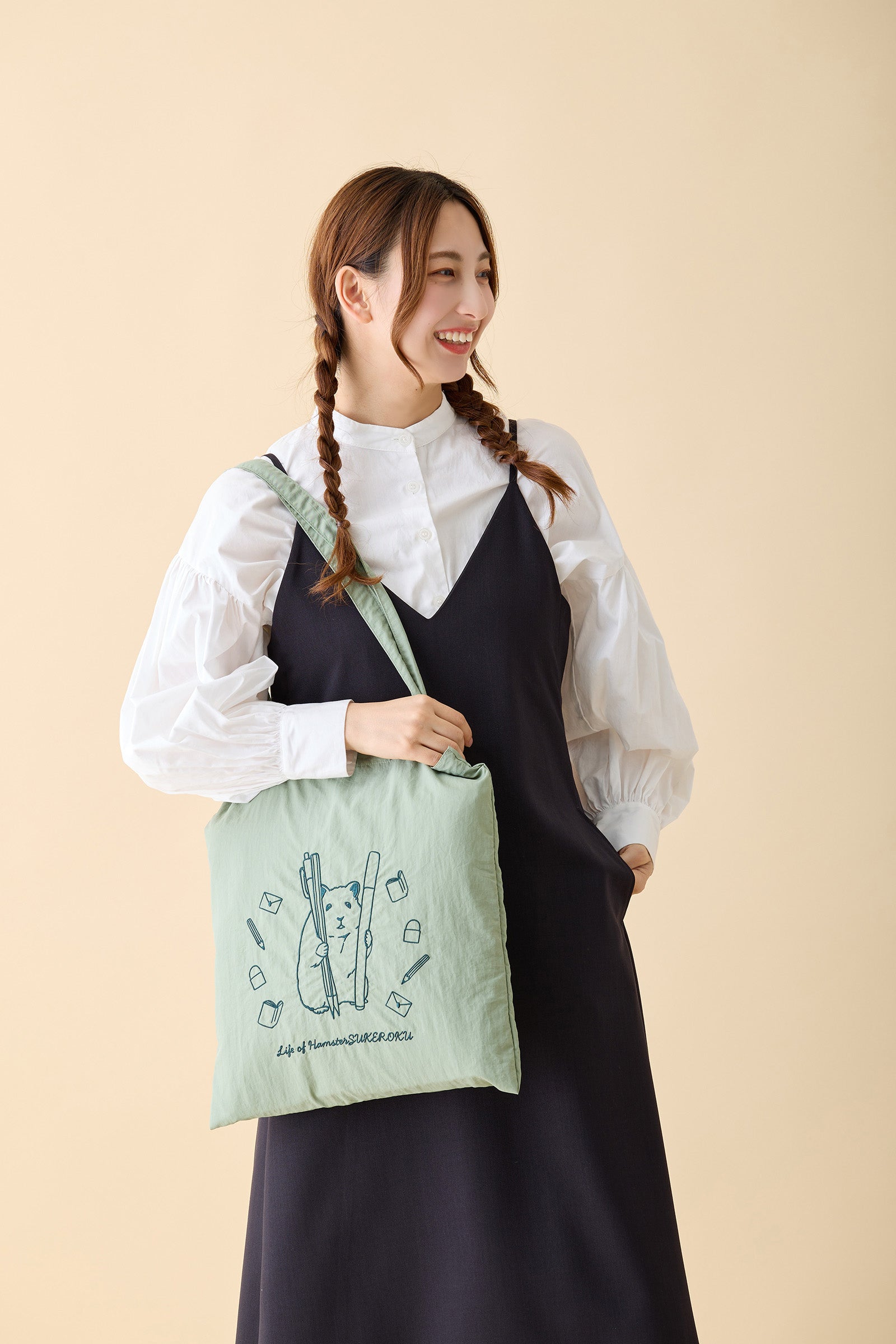 助六の日常 刺繍トートバッグ 文具 グリーン