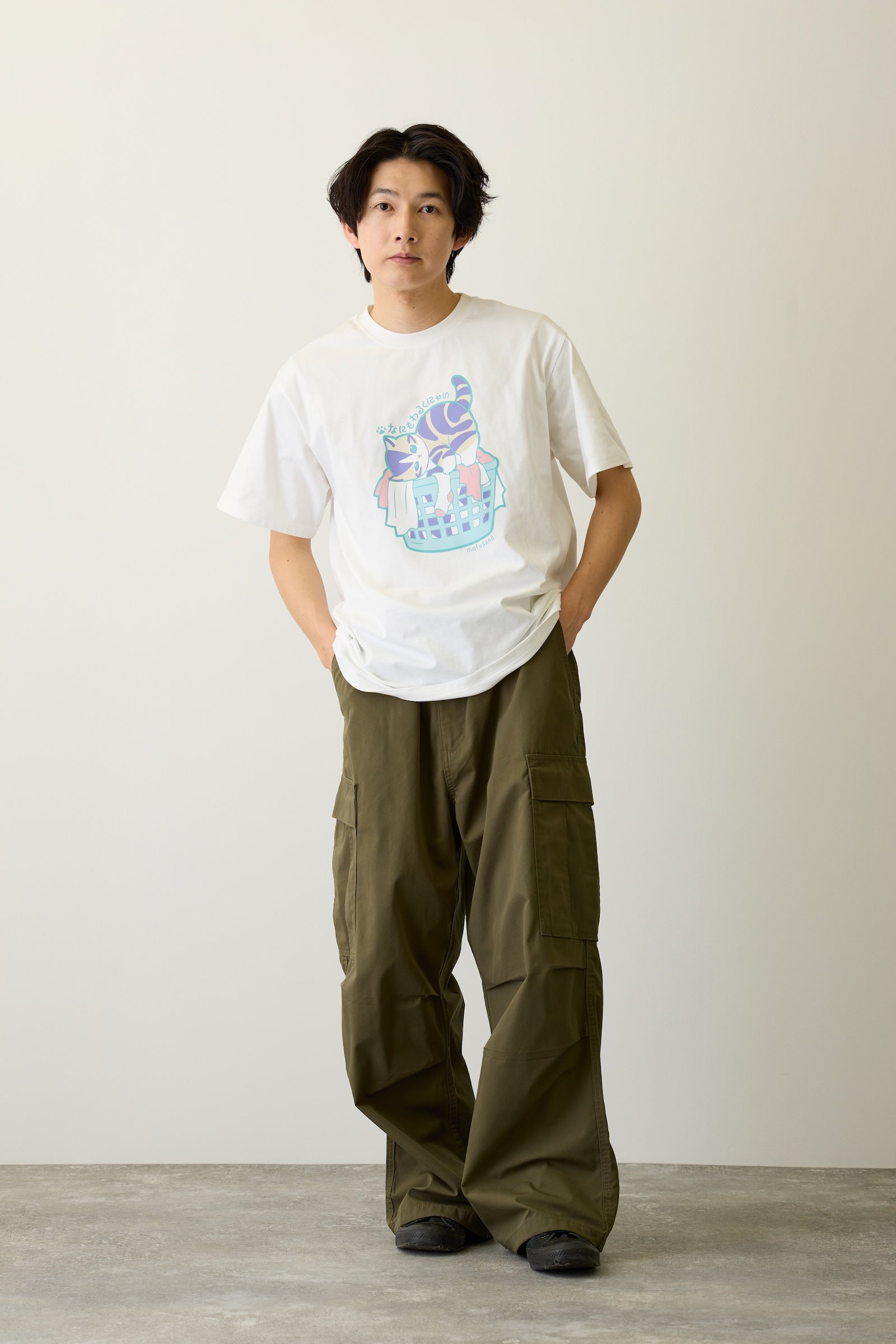 mofusand Tシャツ なにもわるくにゃい 洗濯物だいすきにゃん ホワイト