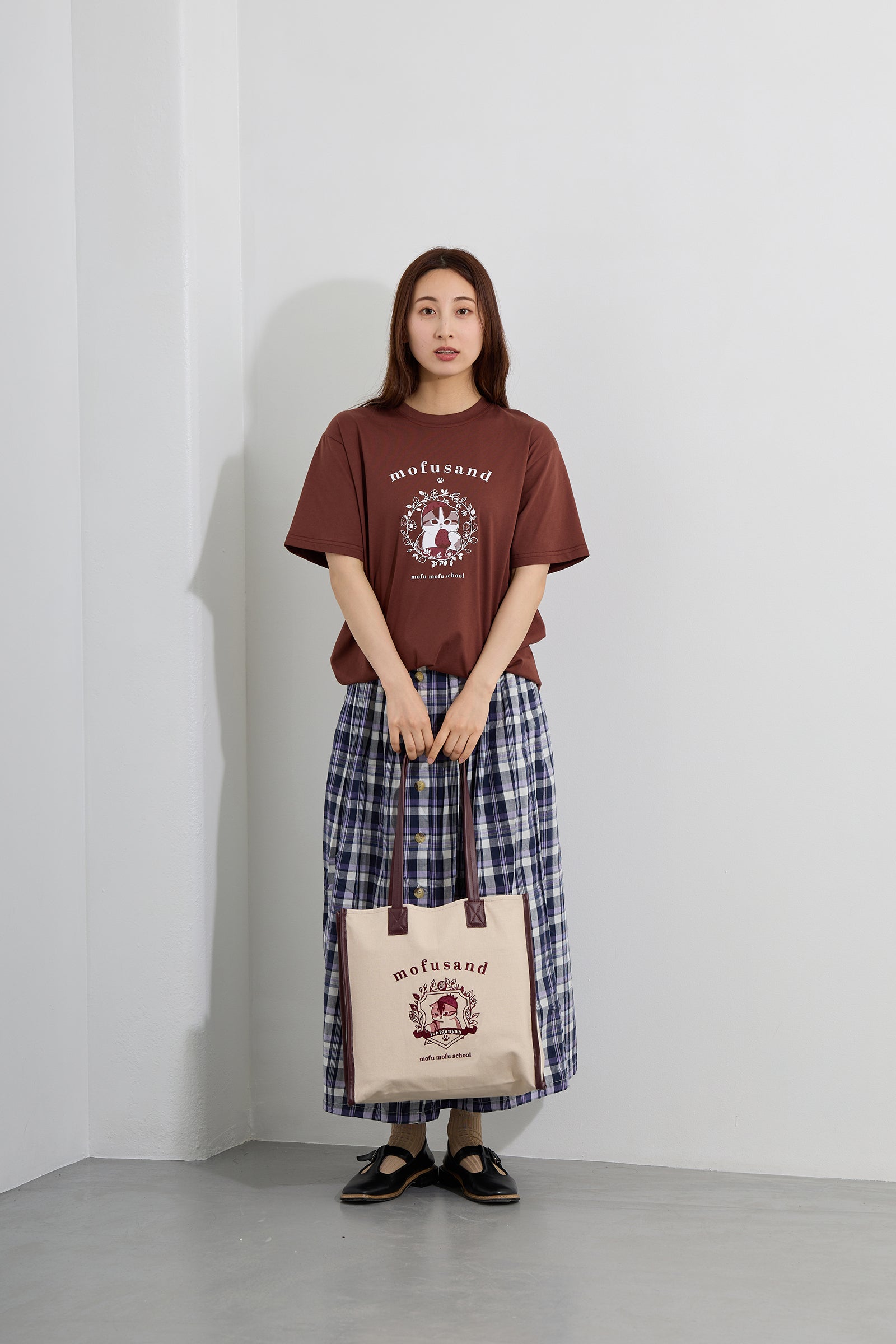 mofusand トートバッグ カレッジ風いちごにゃん ローズブラウン