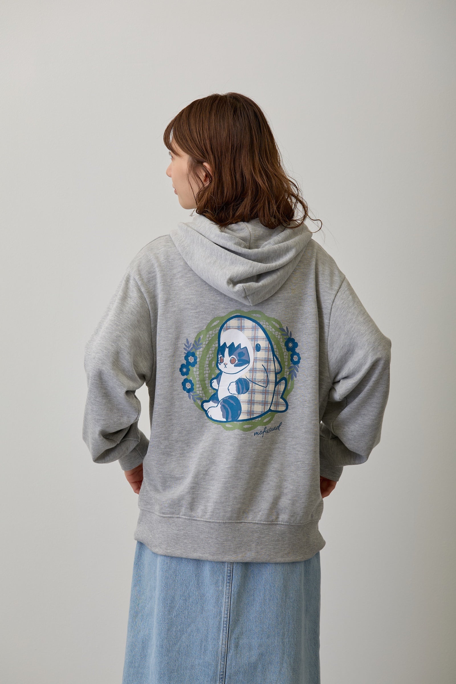 mofusand ZIPパーカー カントリーチェック サメにゃん グレー