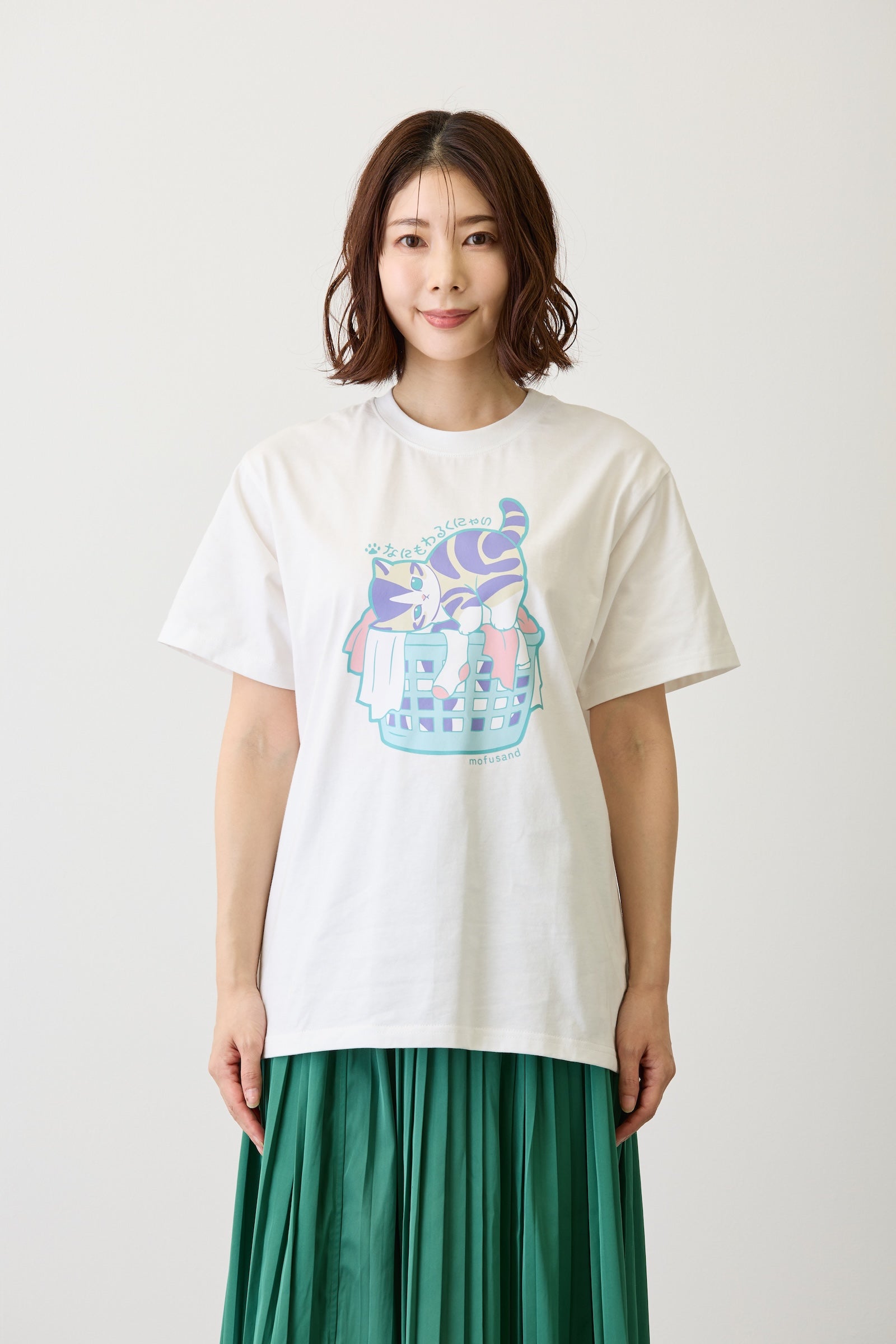 mofusand Tシャツ なにもわるくにゃい 洗濯物だいすきにゃん ホワイト
