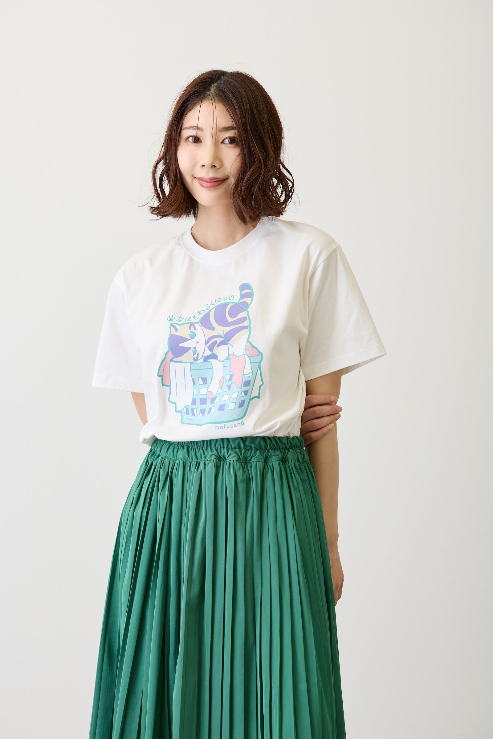 mofusand Tシャツ なにもわるくにゃい 洗濯物だいすきにゃん ホワイト