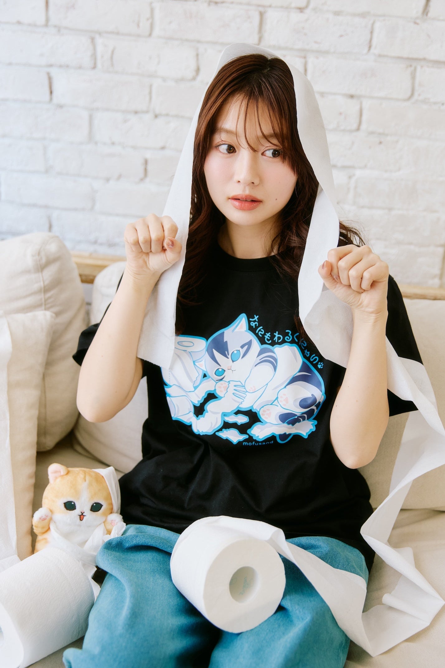 mofusand Tシャツ なにもわるくにゃい トイレットペーパーだいすきにゃん ブラック