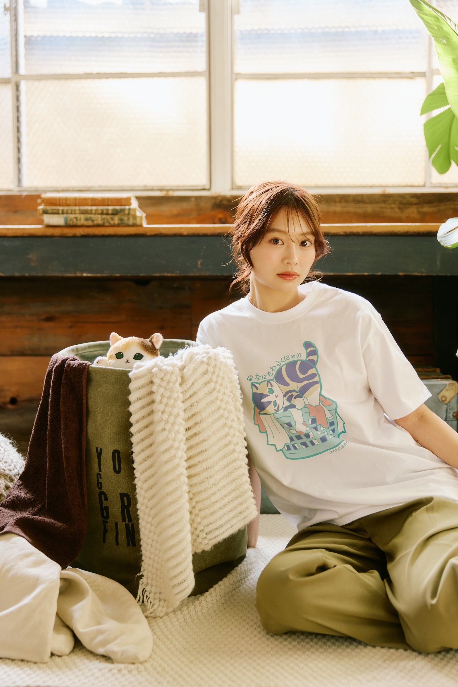 mofusand Tシャツ なにもわるくにゃい 洗濯物だいすきにゃん ホワイト