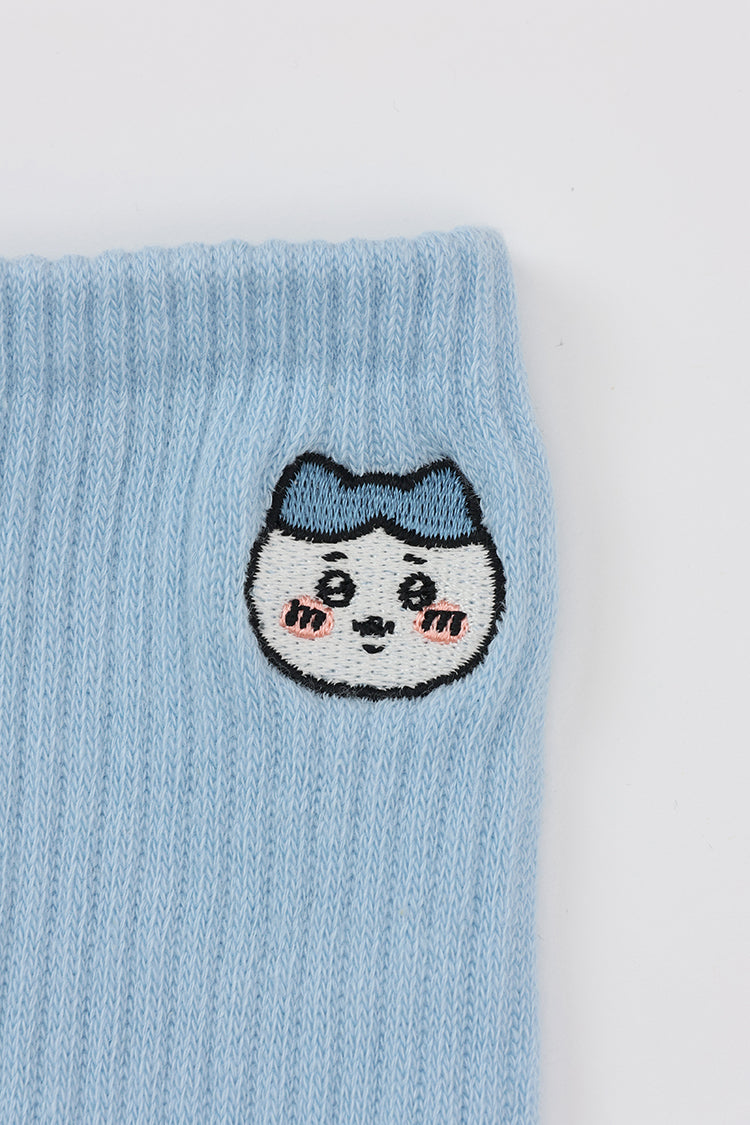 クルーソックス ワンポイント刺繍 ハチワレ ライトブルー