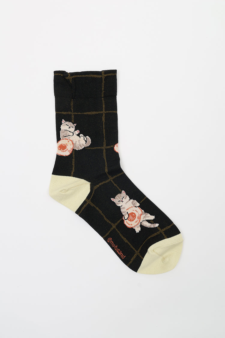 mofusand クルーソックス 目玉焼き総柄 ブラック 23~25cm