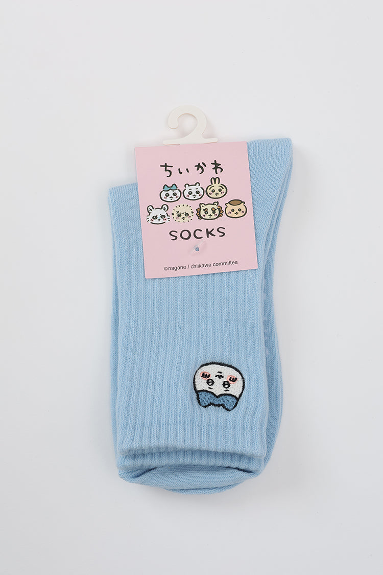 クルーソックス ワンポイント刺繍 ハチワレ ライトブルー