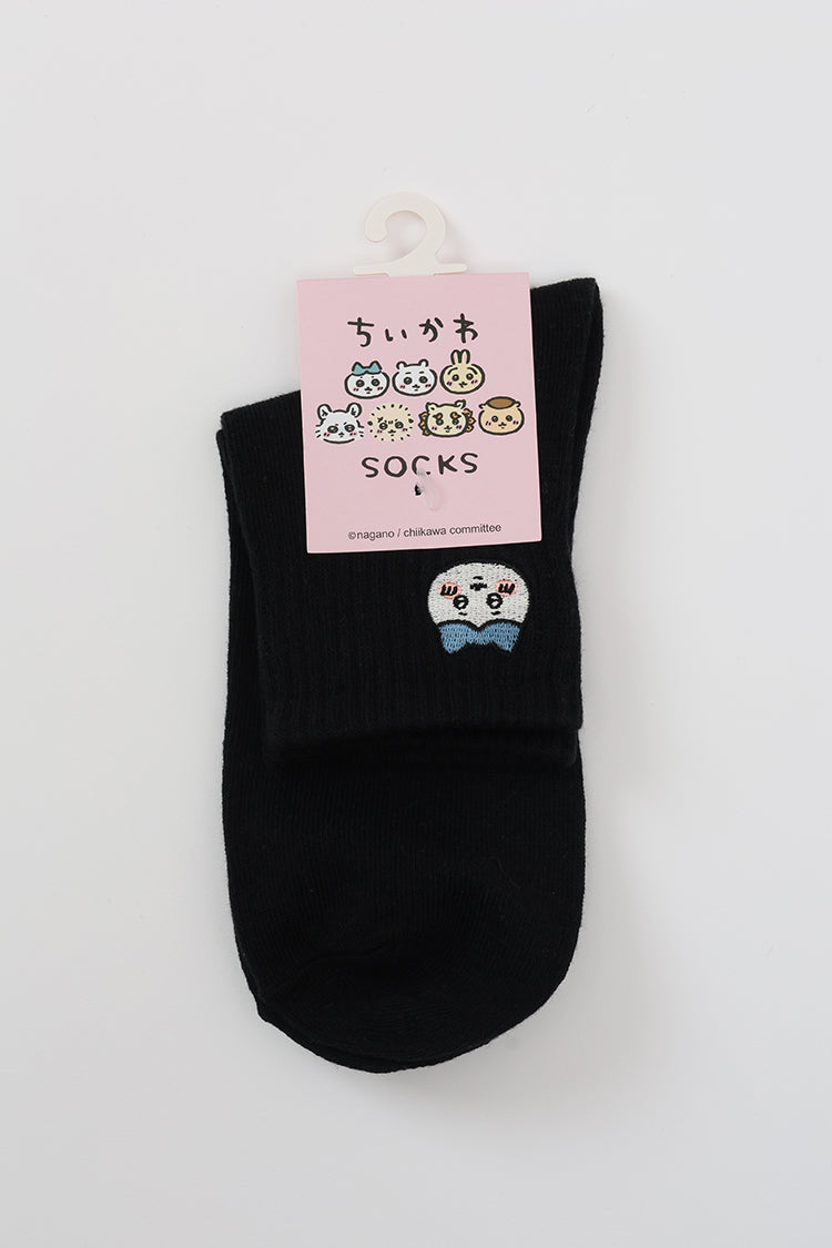 ショートソックス ワンポイント刺繍 ハチワレ ブラック