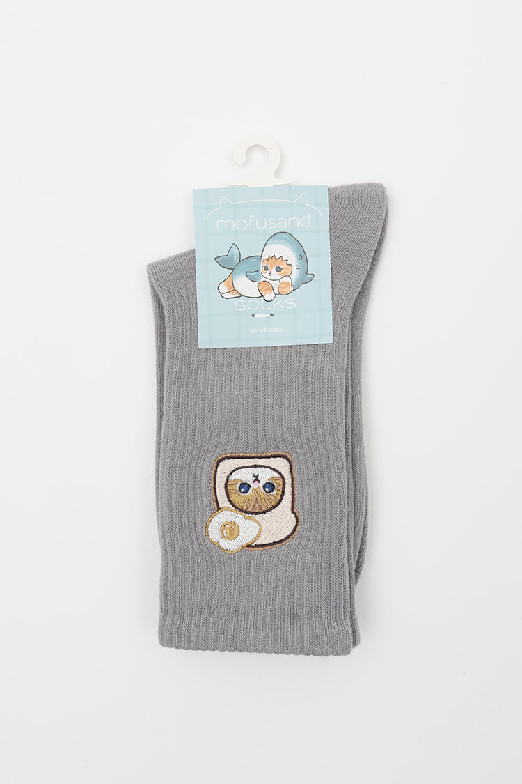 【Black Friday対象商品】mofusand クルーソックス ワンポイント刺繍 食パン ライトグレー 23~25cm