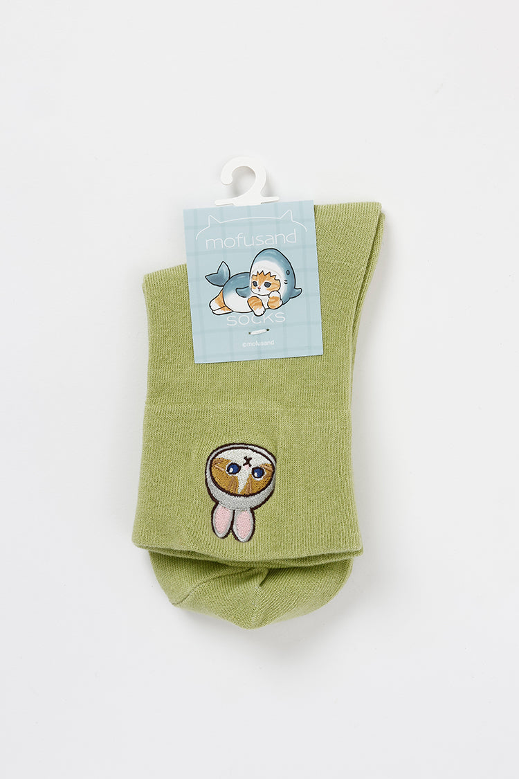 mofusand クルーソックス ワンポイント刺繍 うさぎ アイスグリーン 23~25cm