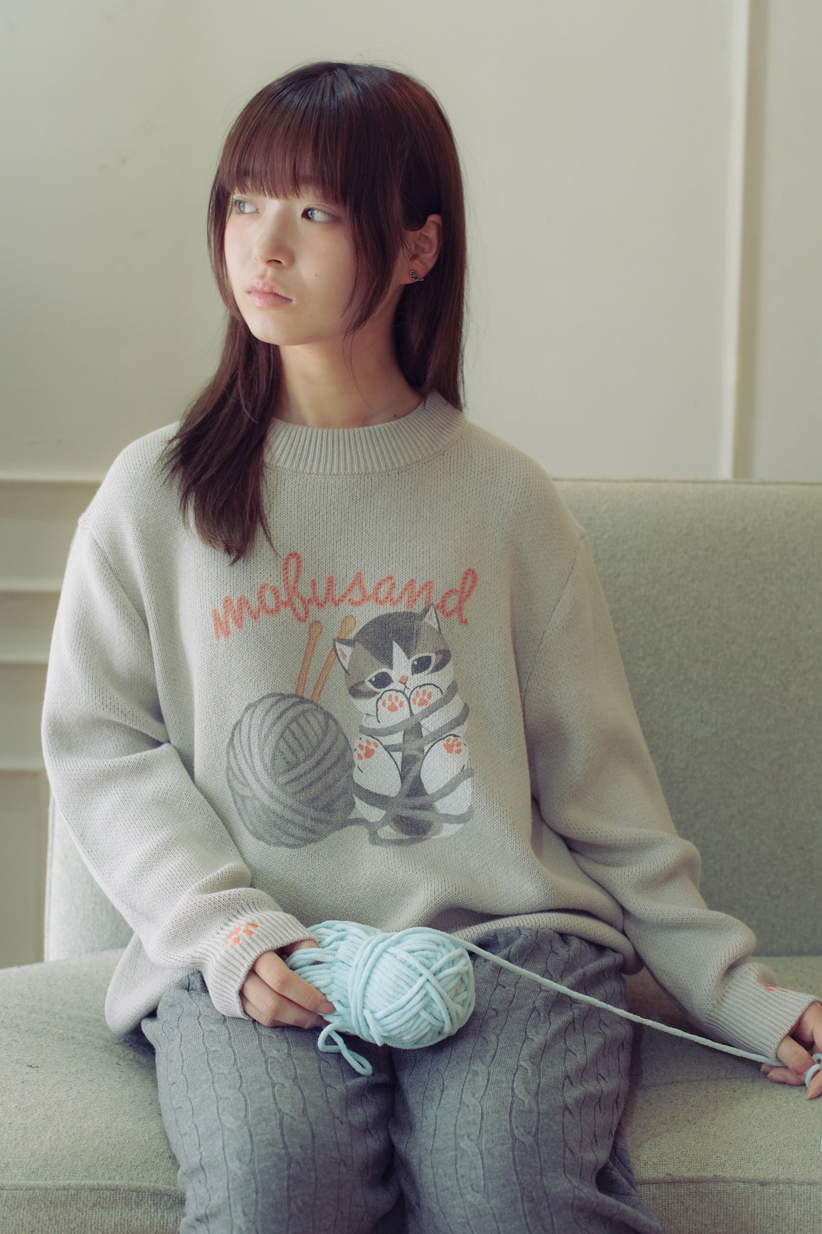 mofusand セーター 毛糸玉 ぐるぐるにゃん グレー