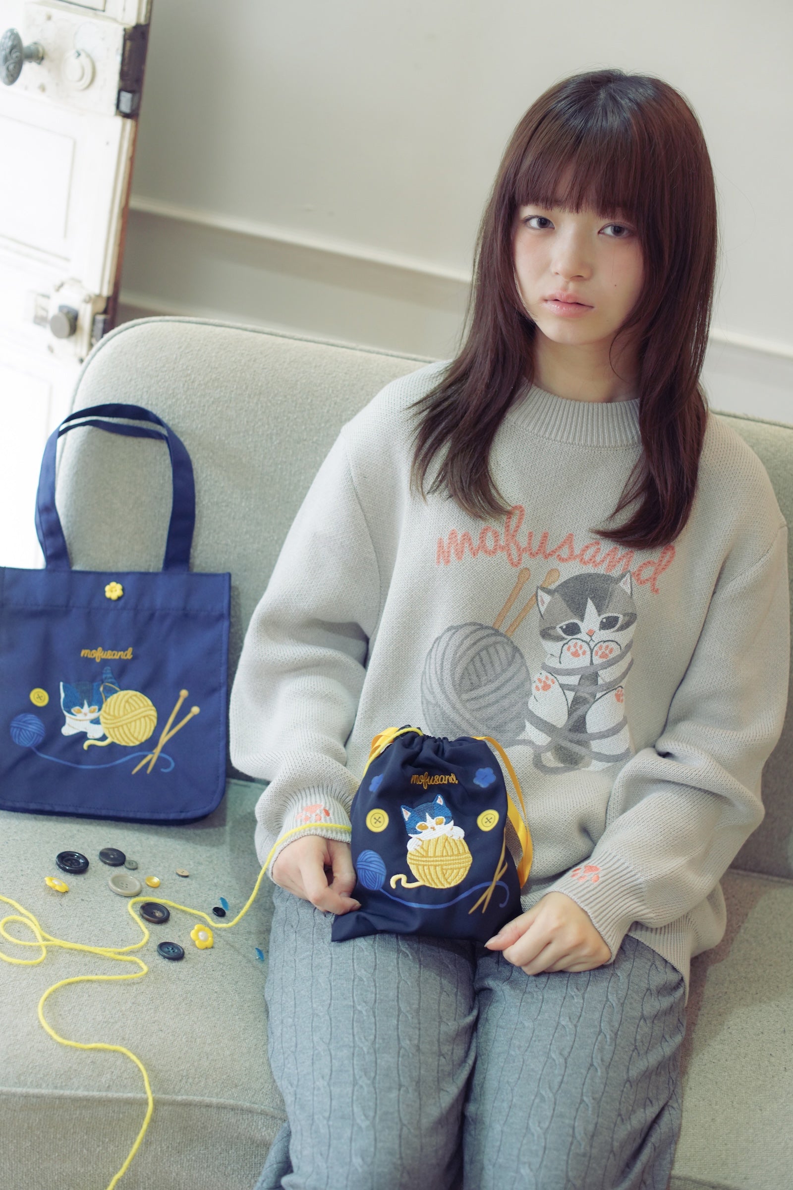 mofusand 巾着 毛糸玉 だっこにゃん ネイビー