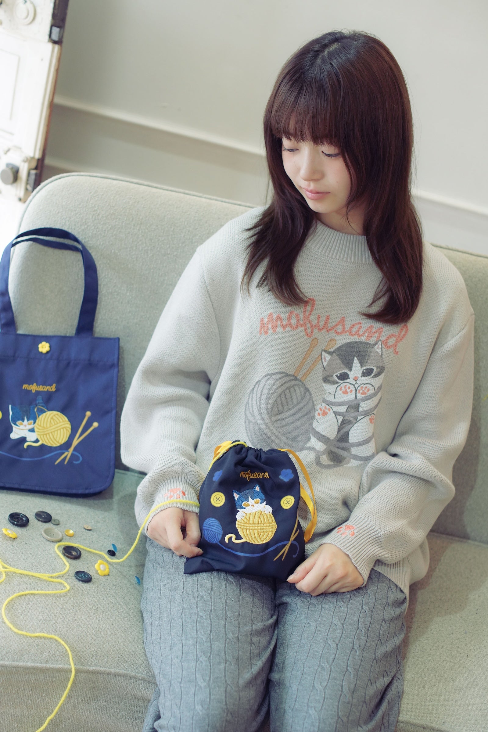 mofusand セーター 毛糸玉 ぐるぐるにゃん グレー