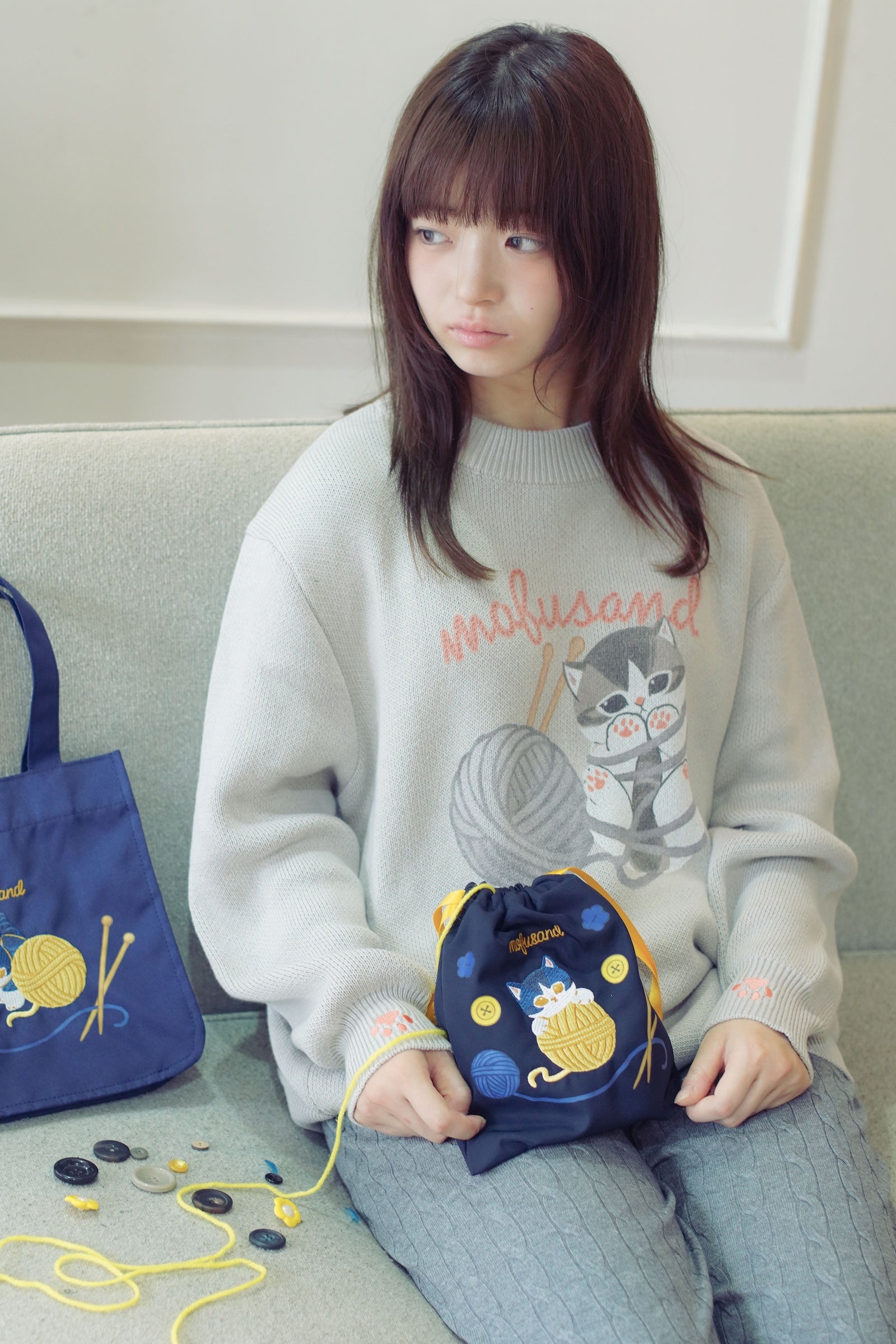 mofusand セーター 毛糸玉 ぐるぐるにゃん グレー