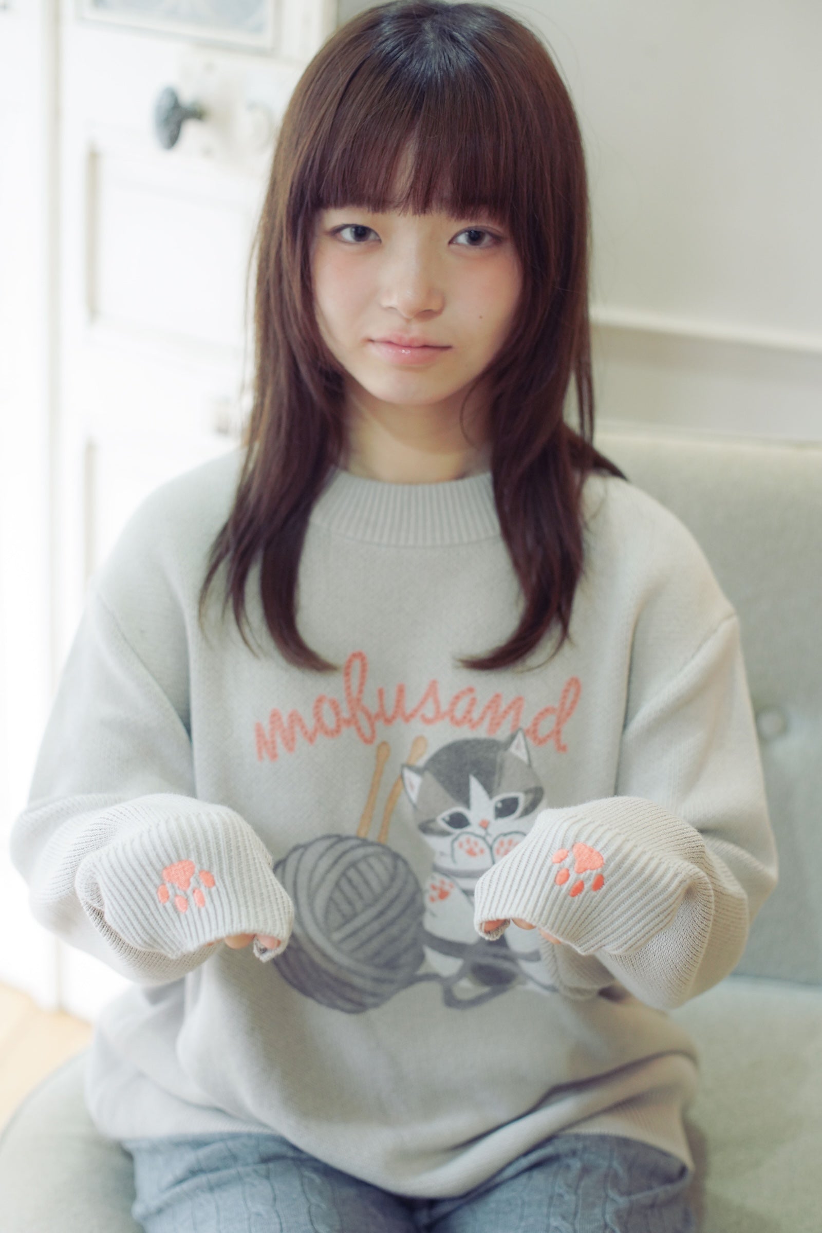 mofusand セーター 毛糸玉 ぐるぐるにゃん グレー