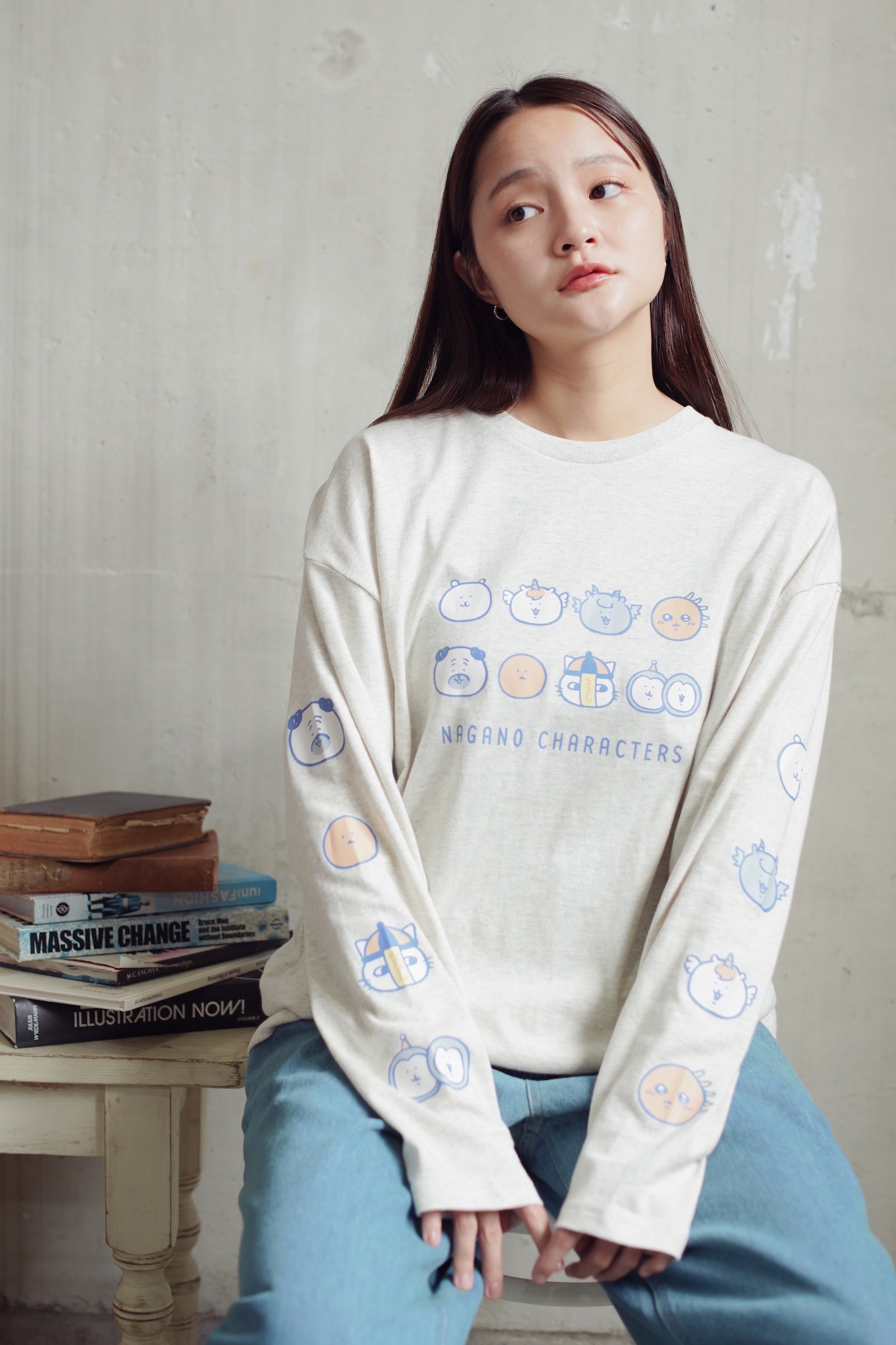 ナガノキャラクターズ 長袖Tシャツ お顔ならび オートミール