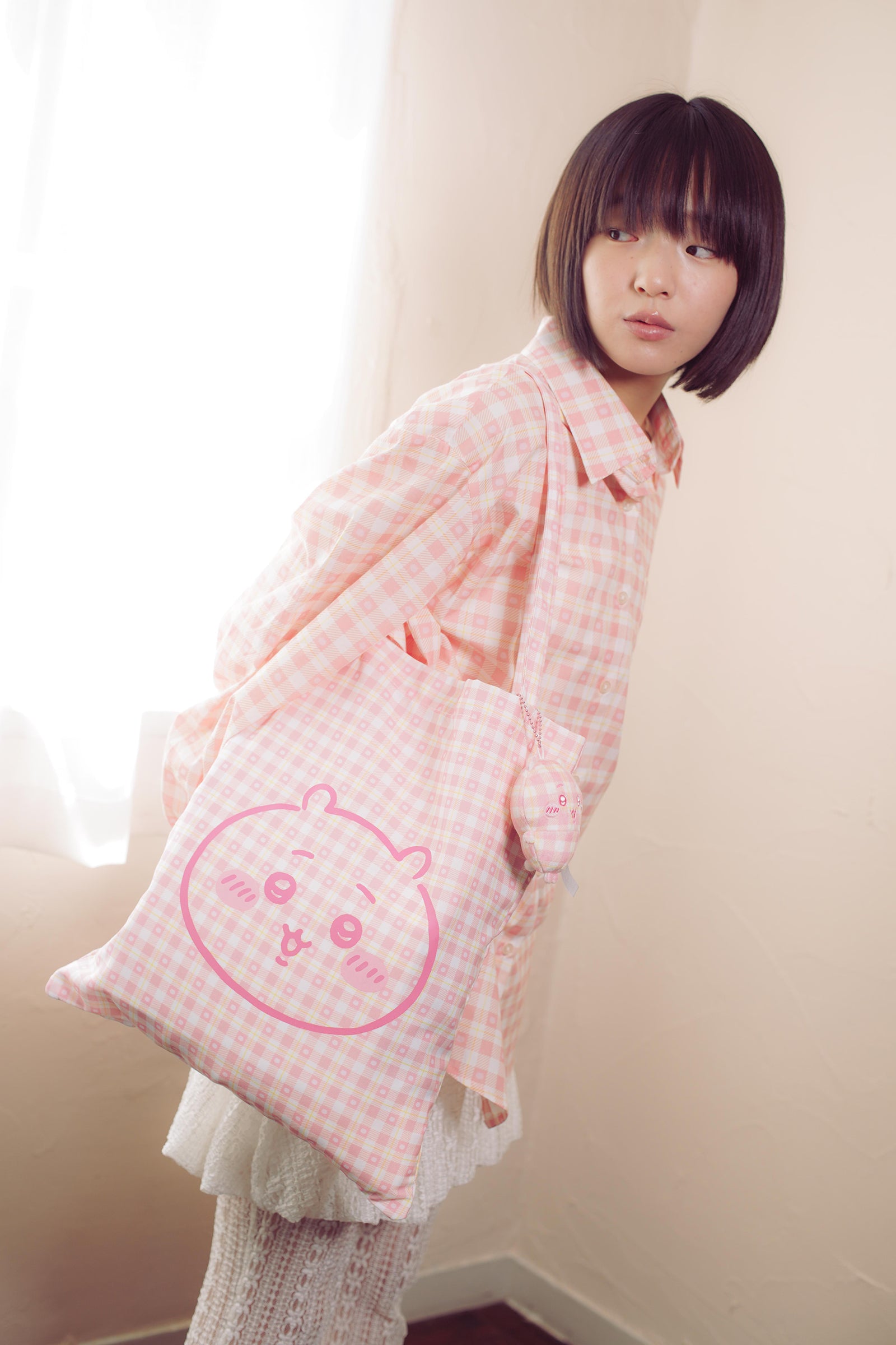 ちいかわ チェックシリーズ トートバッグ(チャーム付き) ちいかわ ピンク