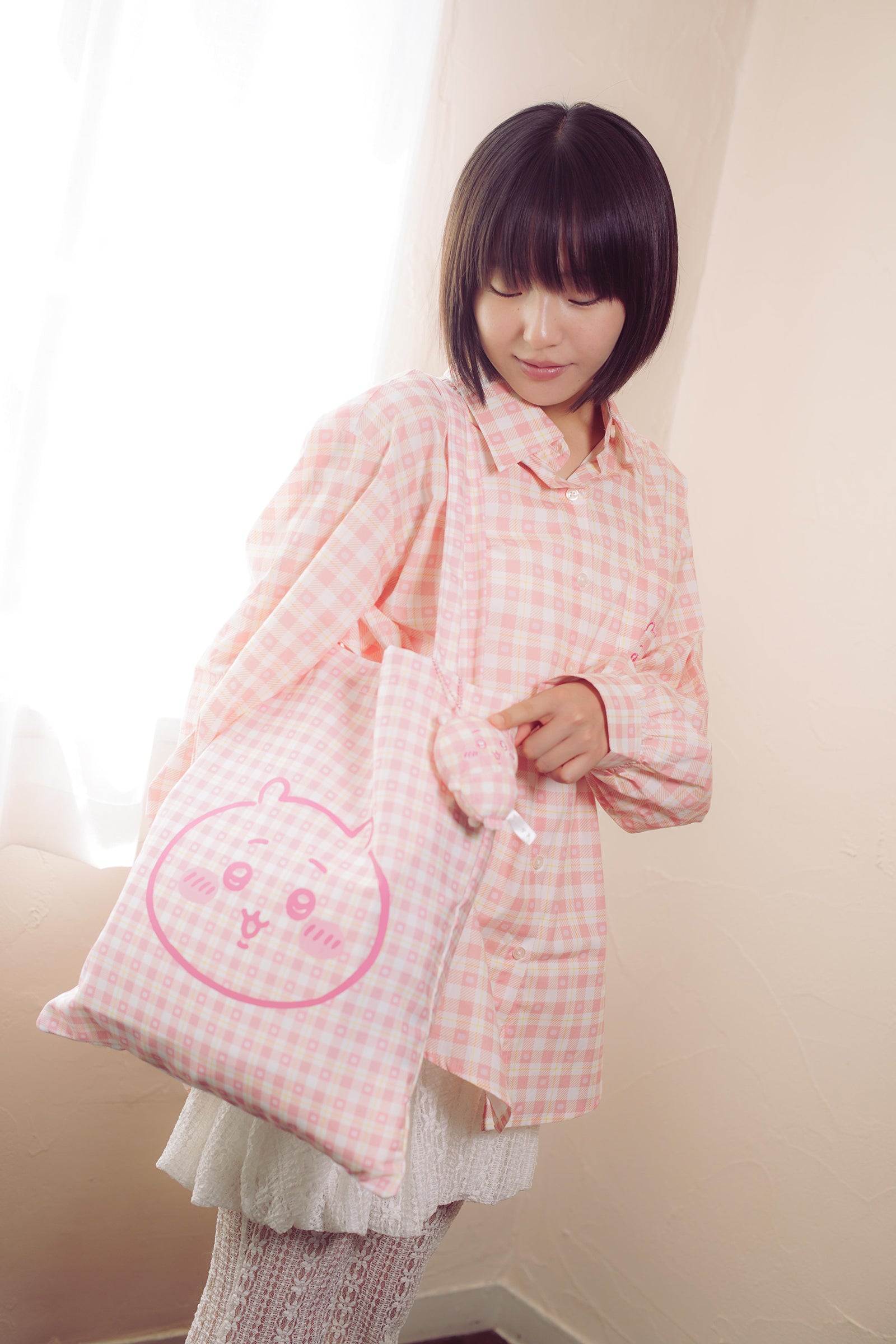 ちいかわ チェックシリーズ トートバッグ(チャーム付き) ちいかわ ピンク