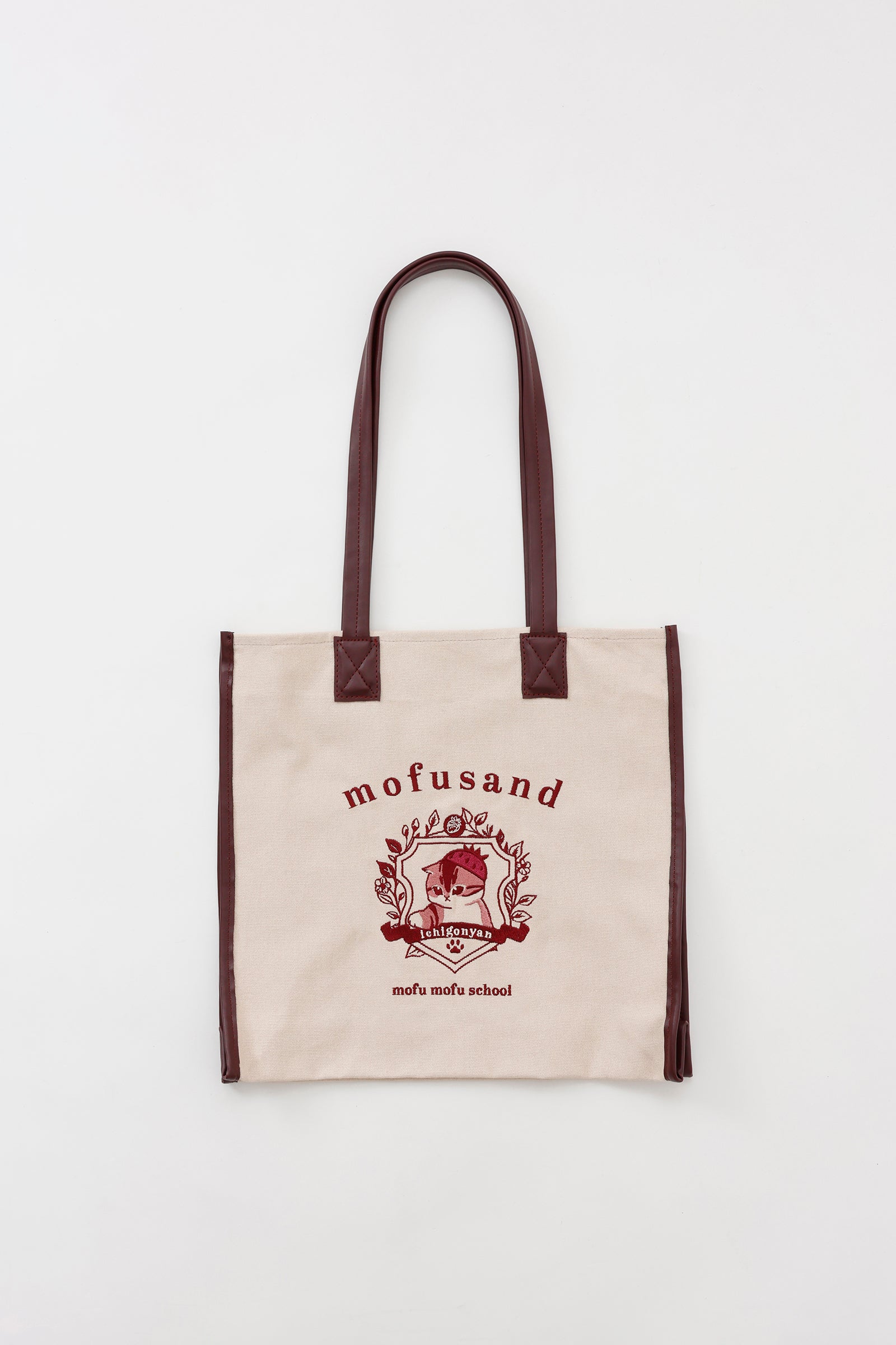 mofusand トートバッグ カレッジ風いちごにゃん ローズブラウン
