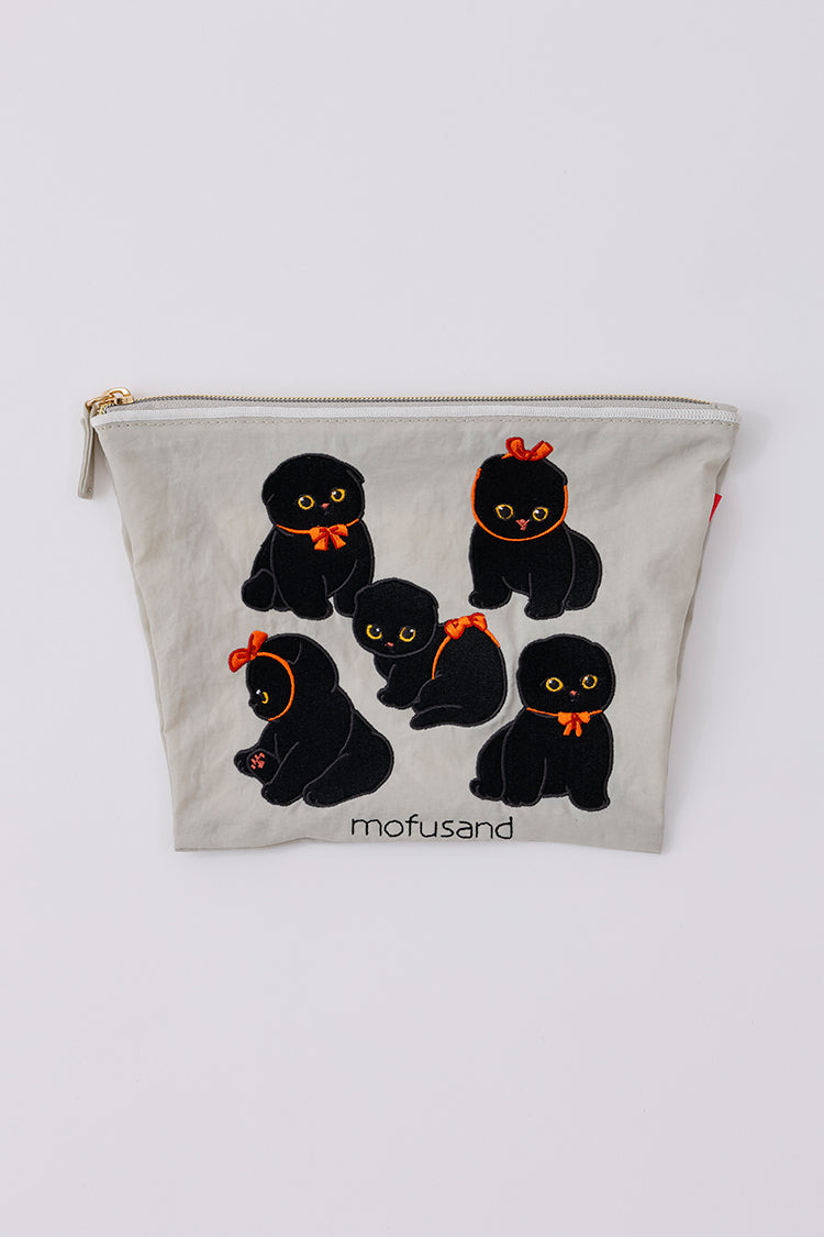 mofusand 刺繍ポーチ 黒猫 ライトグレー