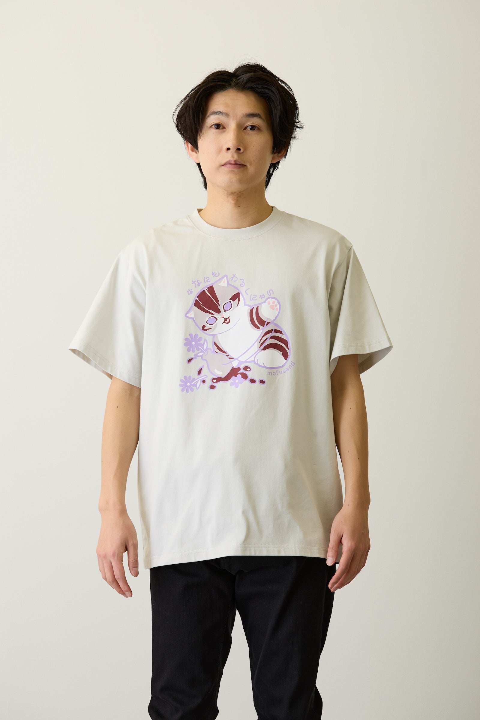 mofusand　Tシャツ　なにもわるくにゃい　花瓶だいすきにゃん　グレー