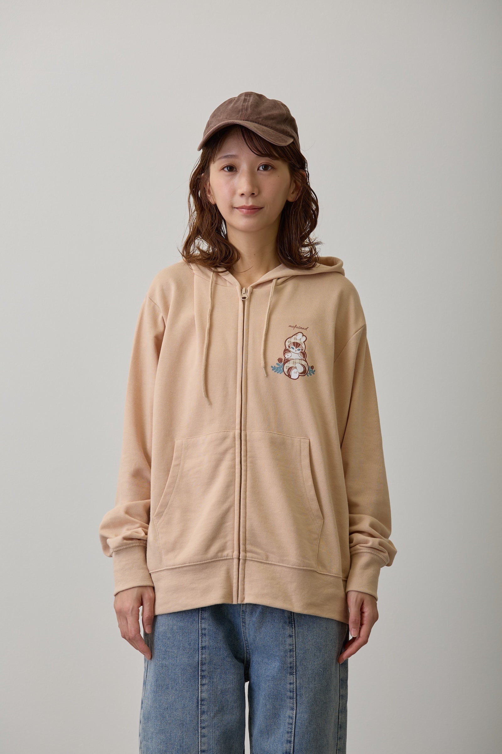 mofusand ZIPパーカー カントリーチェック うさにゃん ナチュラル