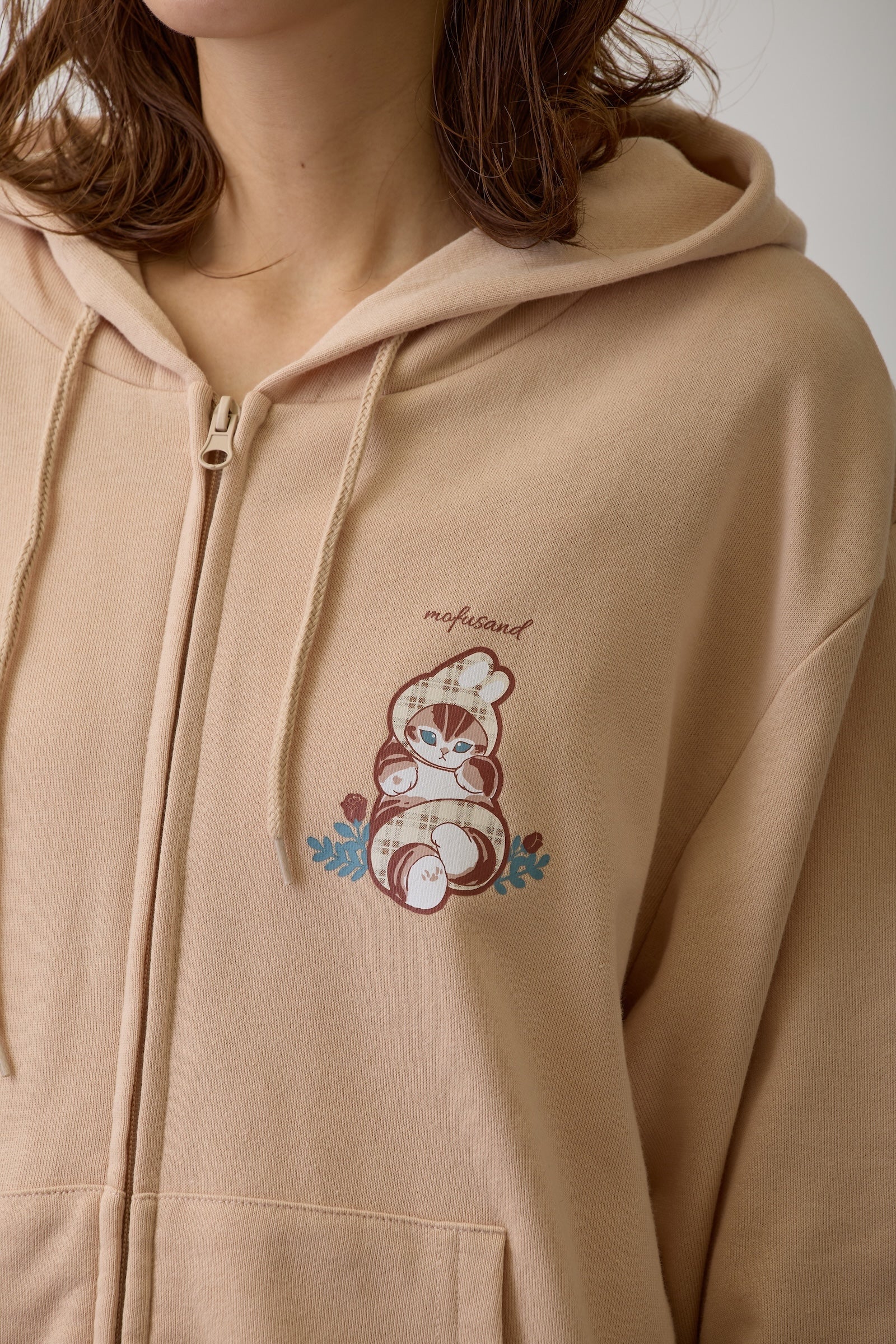 mofusand ZIPパーカー カントリーチェック うさにゃん ナチュラル