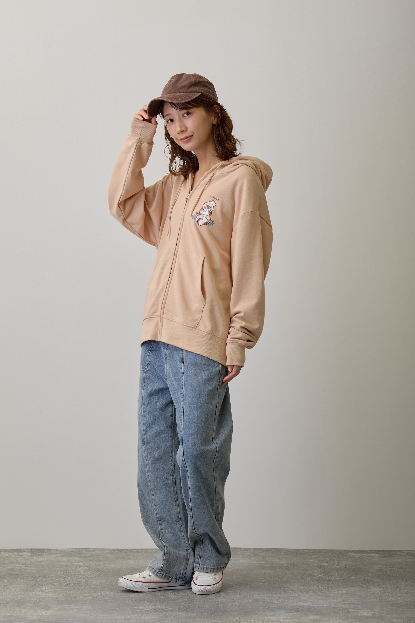 mofusand ZIPパーカー カントリーチェック うさにゃん ナチュラル