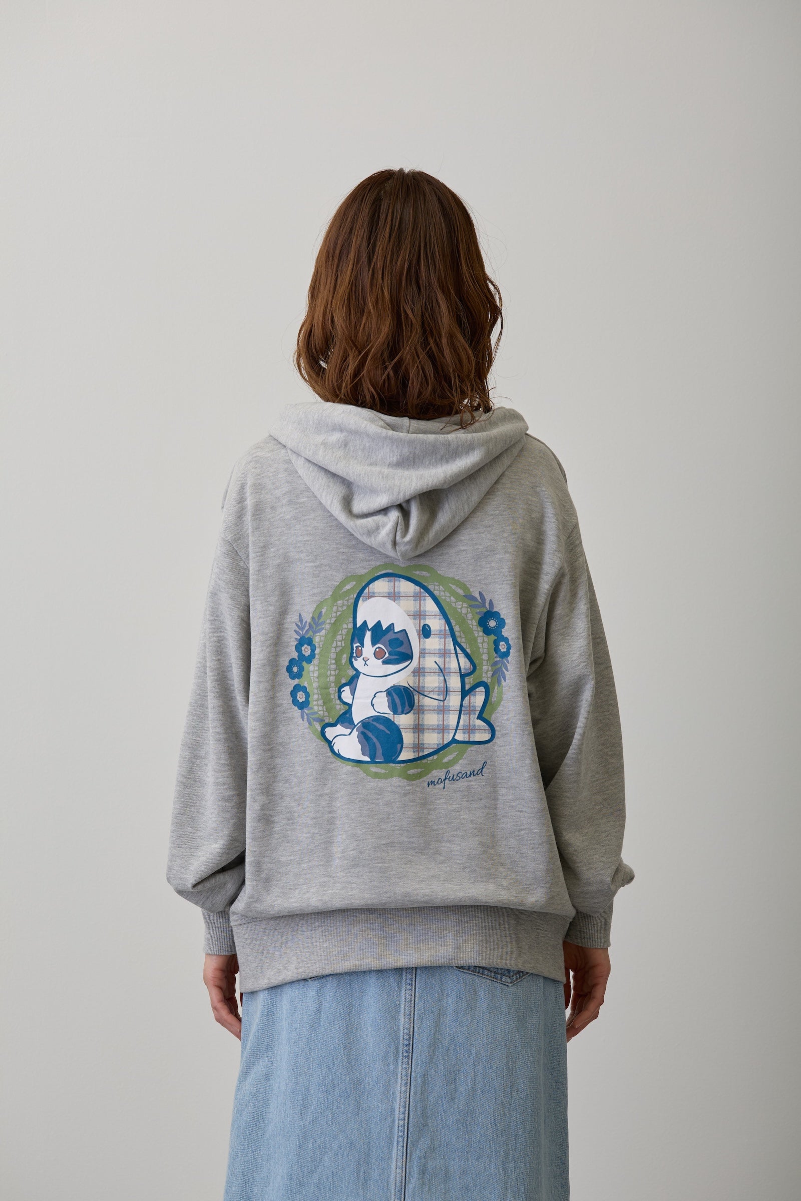 mofusand ZIPパーカー カントリーチェック サメにゃん グレー