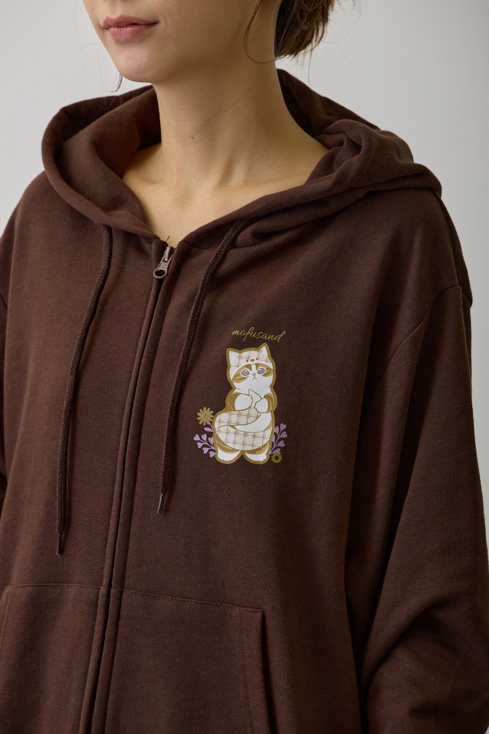 mofusand ZIPパーカー カントリーチェック きつねにゃん ダークブラウン