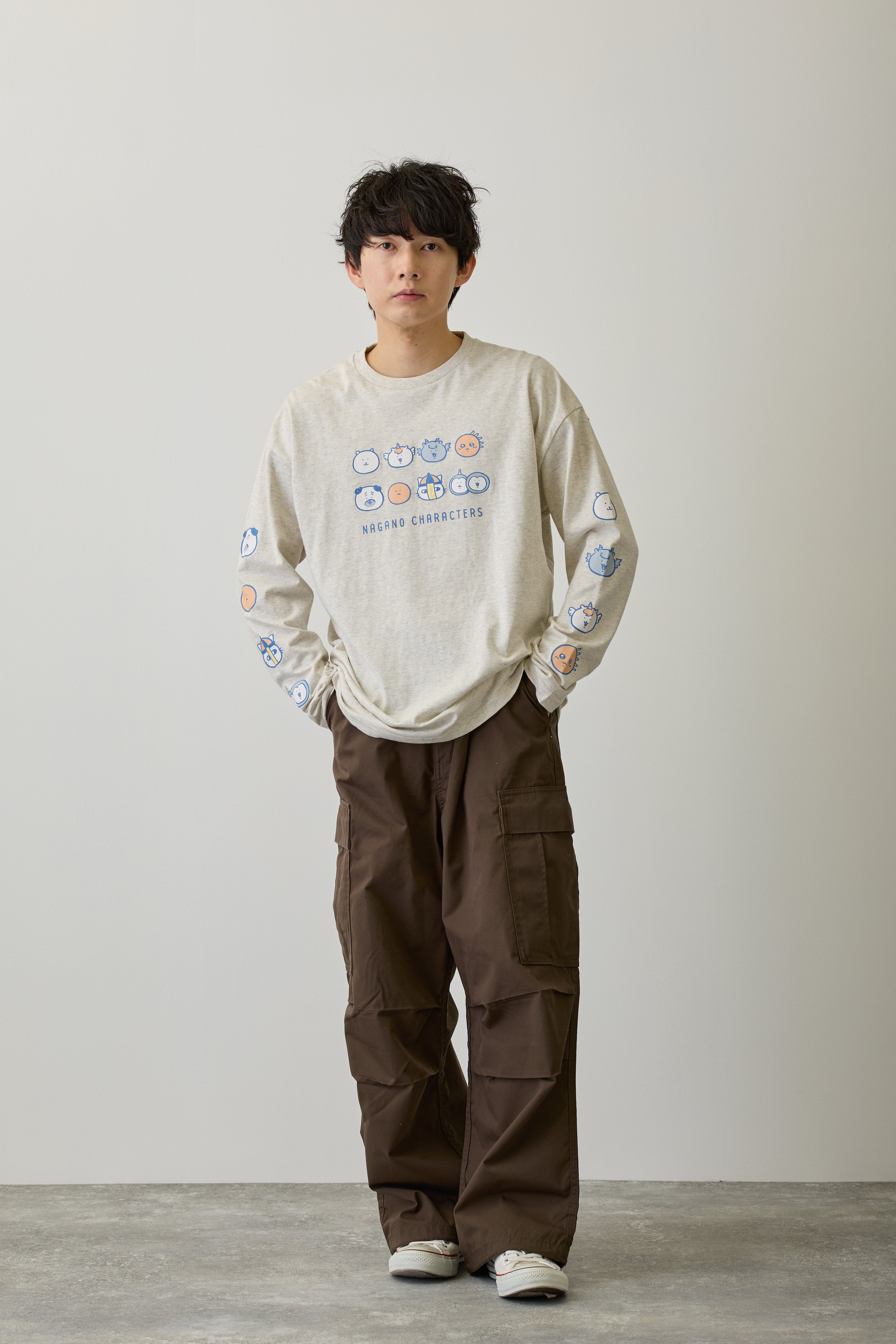 ナガノキャラクターズ 長袖Tシャツ お顔ならび オートミール