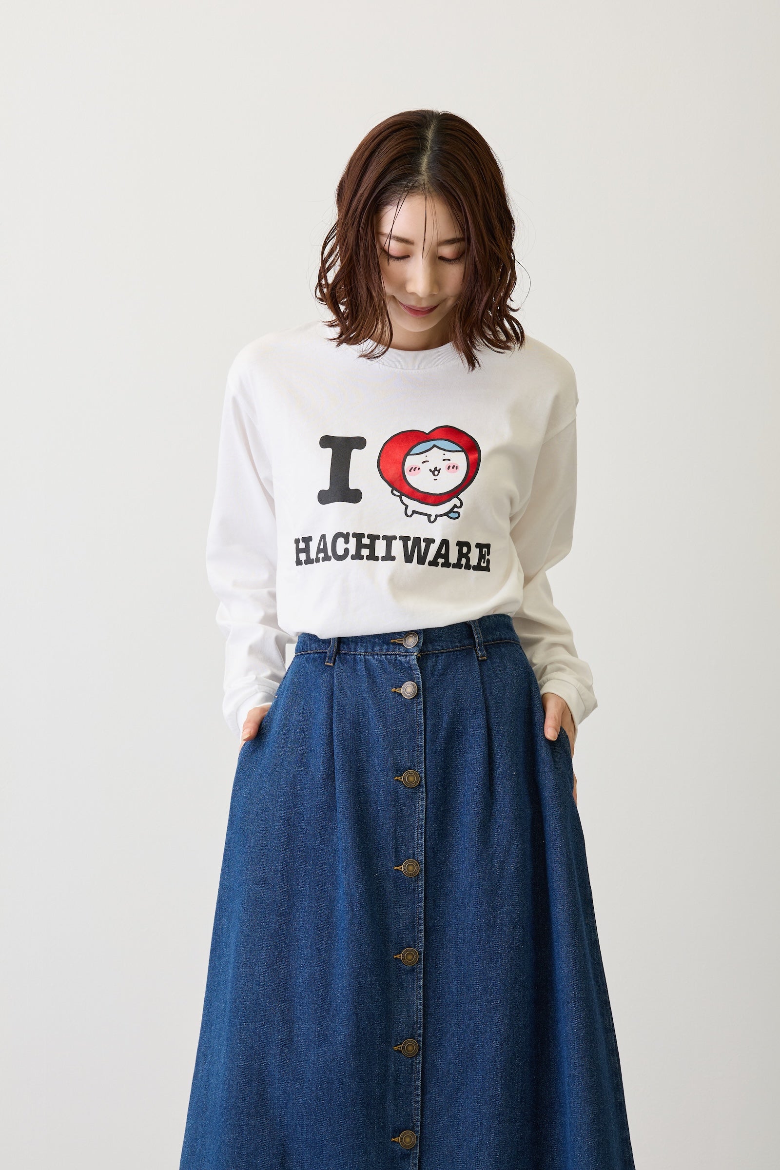 ちいかわ 長袖Tシャツ I LOVE HACHIWARE ホワイト