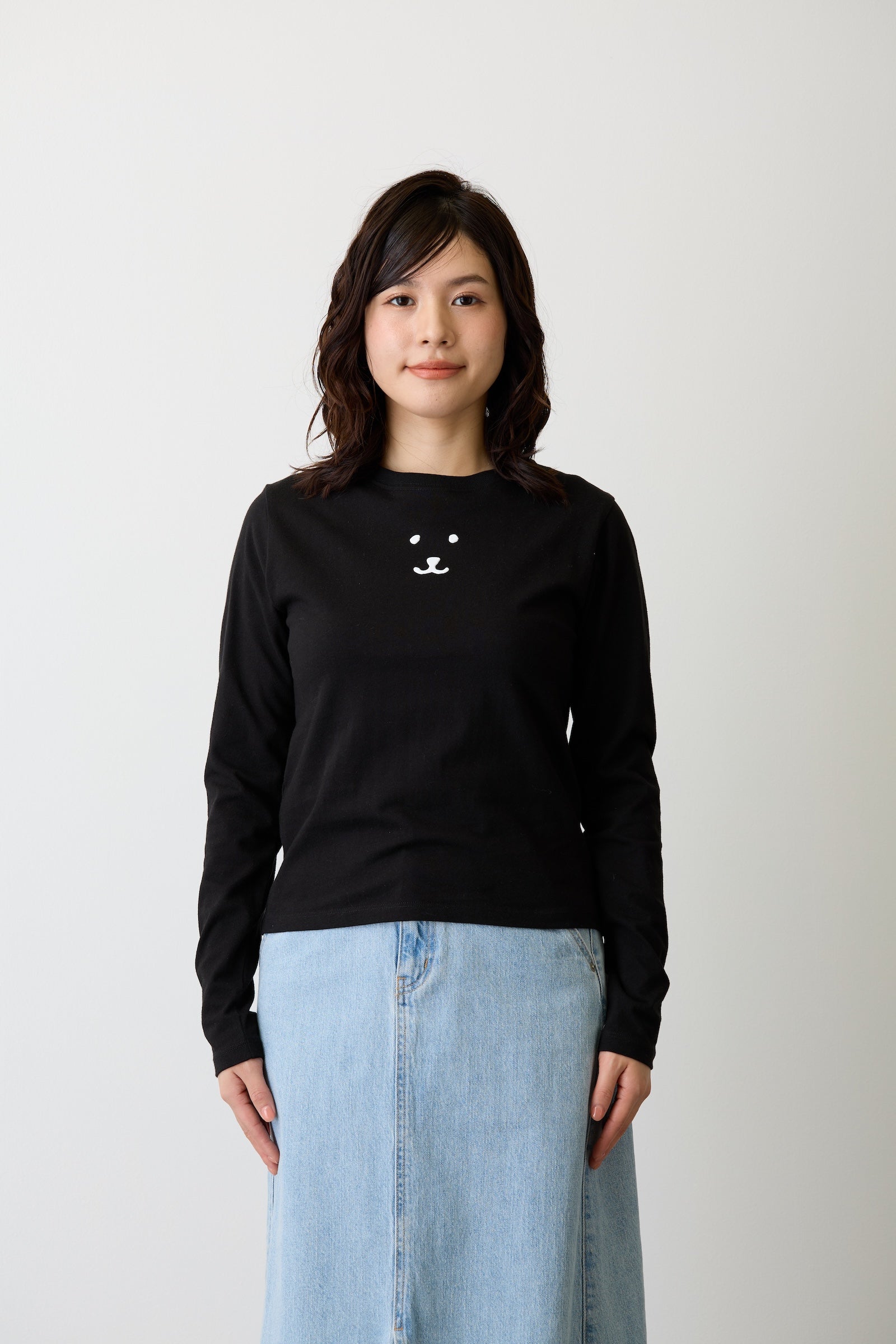 ナガノキャラクターズ 長袖Ｔシャツ モノクロなくま ブラック