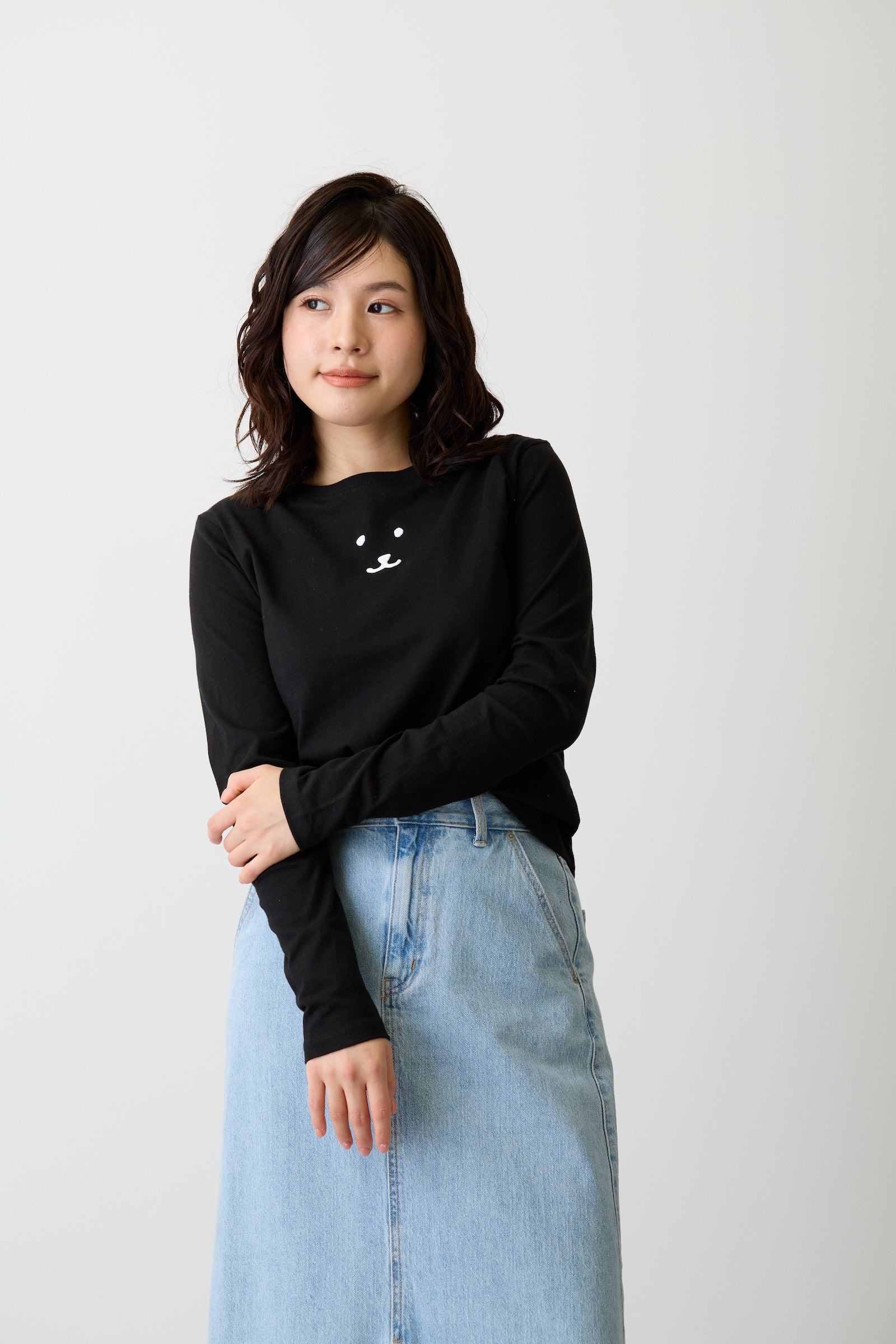 ナガノキャラクターズ 長袖Ｔシャツ モノクロなくま ブラック