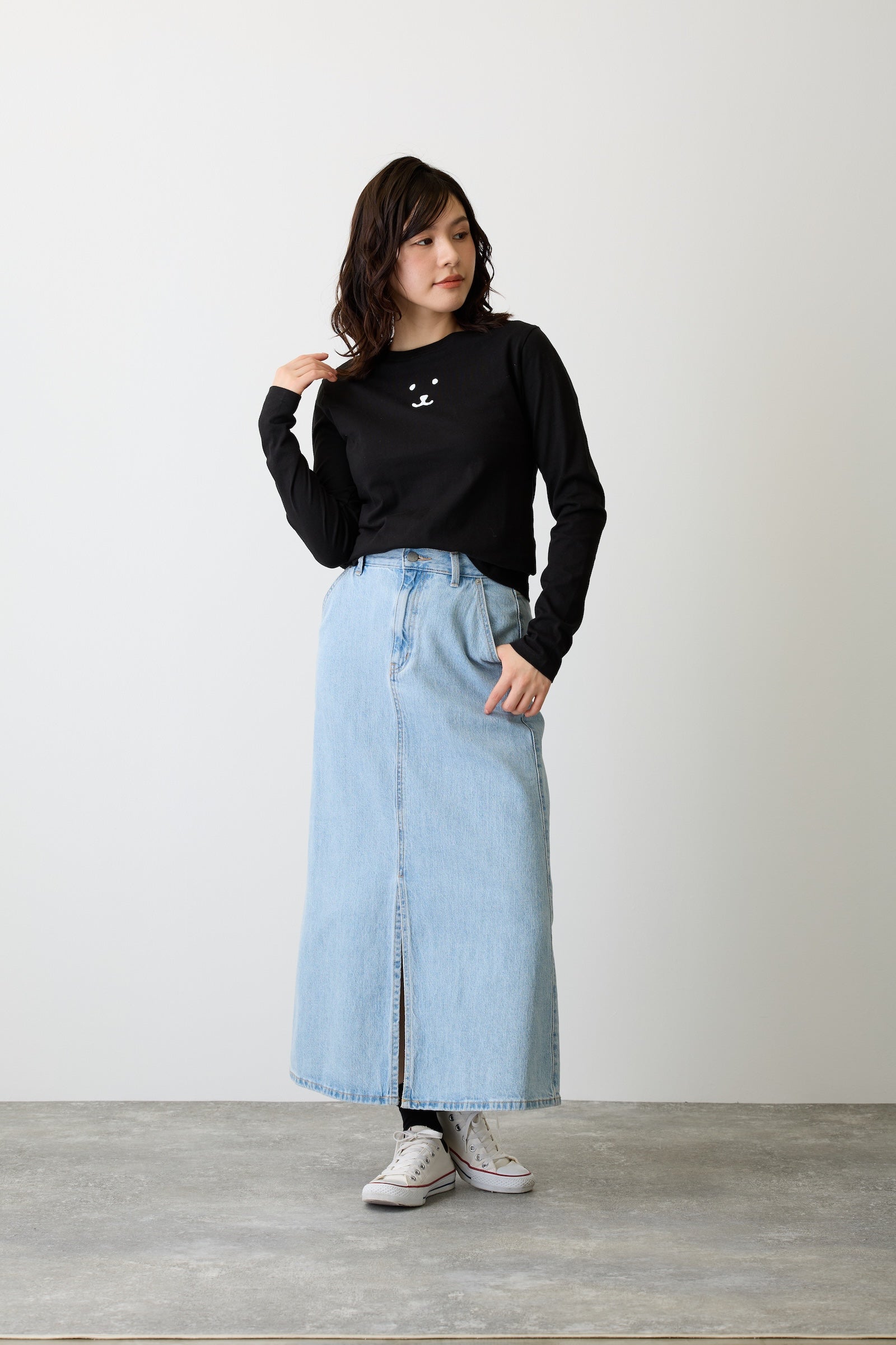 ナガノキャラクターズ 長袖Ｔシャツ モノクロなくま ブラック