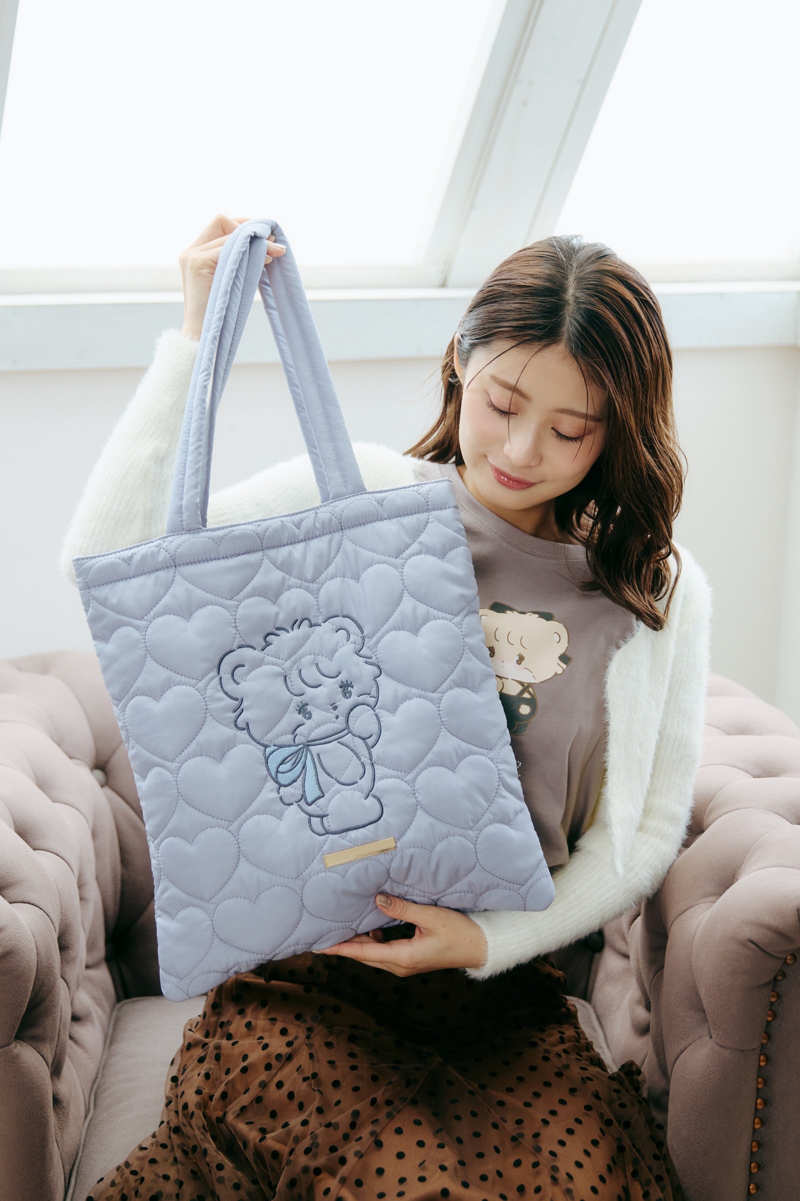 Lil ala mode ハートキルティングトートバッグ ラテ ブルー ONE