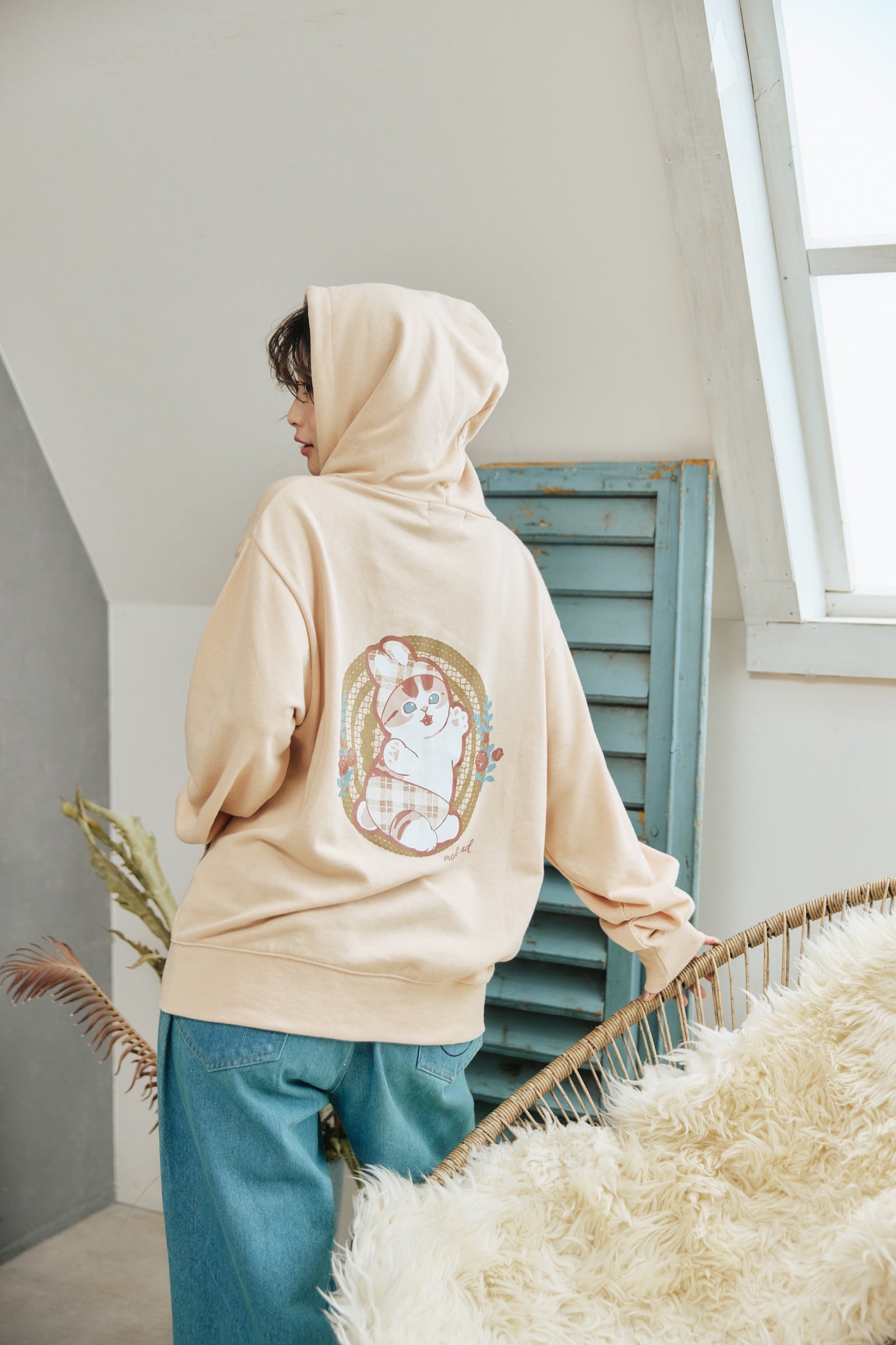 mofusand ZIPパーカー カントリーチェック うさにゃん ナチュラル