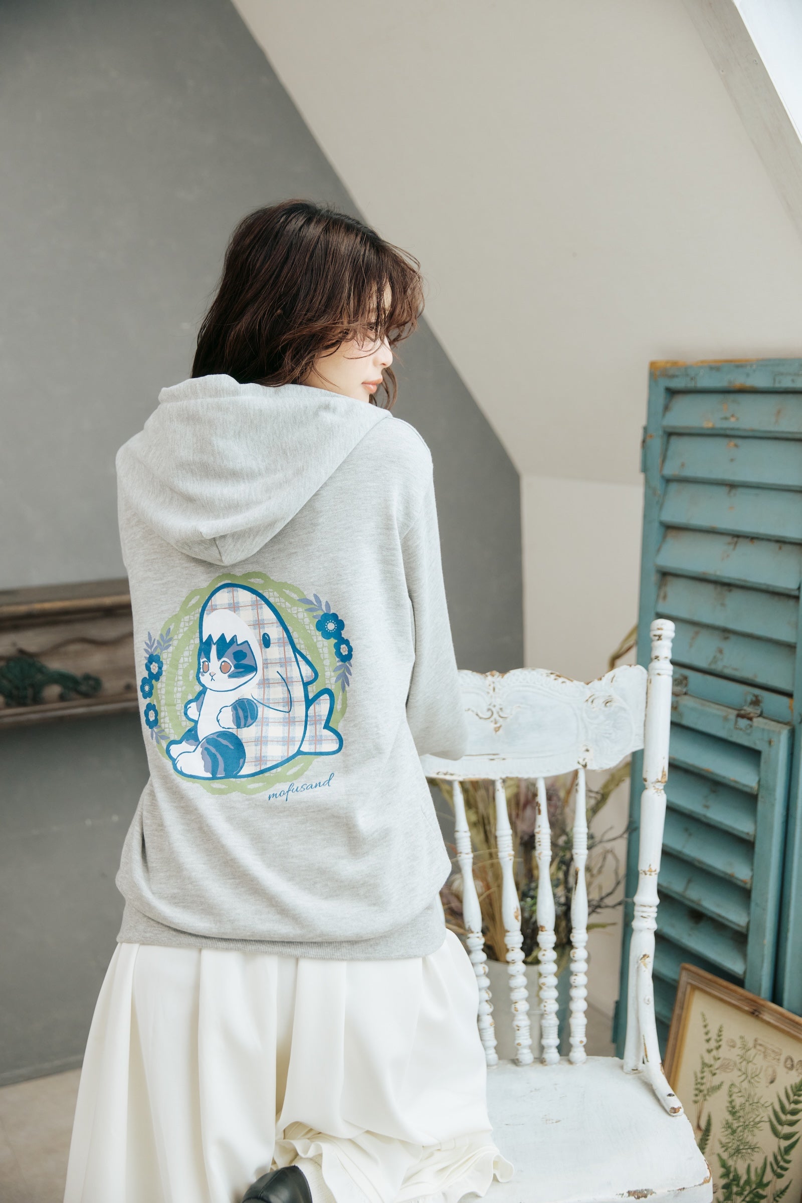 mofusand ZIPパーカー カントリーチェック サメにゃん グレー