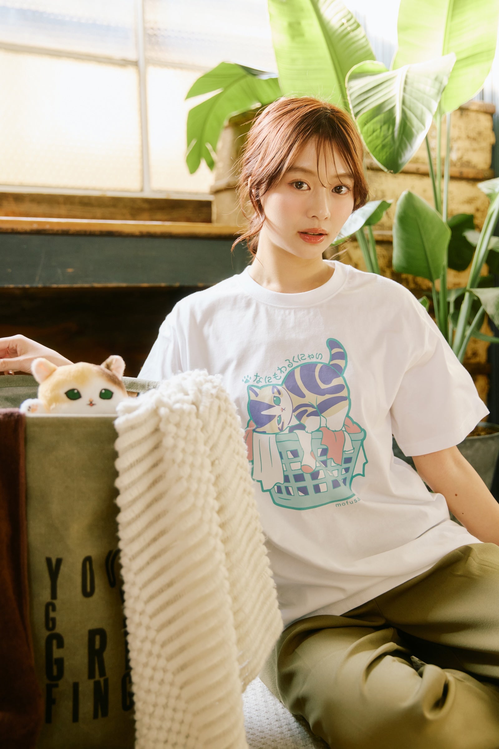 mofusand　Tシャツ　なにもわるくにゃい　洗濯物だいすきにゃん　ホワイト